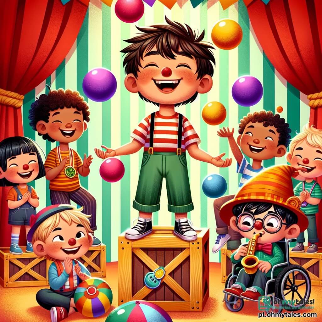 No centro da imagem, Pedro, um garoto de 10 anos com cabelos castanhos bagunçados e um grande sorriso, está malabarizando com bolas coloridas, os braços levantados, sob os aplausos do público. À sua direita, Joaquim, um garoto de 9 anos em cadeira de rodas, usa um chapéu de palhaço e ri alto, segurando uma pequena medalha de plástico ao redor do pescoço. À esquerda, Léo, um garoto de 8 anos com óculos e cabelos loiros, observa maravilhado, com os olhos arregalados, enquanto segura um grande hula hoop. Por fim, Felipe, um garoto de 9 anos com cabelos negros e uma expressão calma, toca gaita, sentado em uma caixa de madeira, trazendo uma suave melodia à cena. O cenário é um circo vibrante, com uma grande tenda listrada de vermelho e amarelo ao fundo, iluminada por cordões de luzes cintilantes. Balões coloridos flutuam no ar, e espectadores alegres se reúnem ao redor, aplaudindo e rindo. A situação principal mostra Pedro, o malabarista, em plena ação, tentando entreter o público, enquanto Joaquim e seus amigos o incentivam com entusiasmo, criando uma atmosfera de alegria e camaradagem no coração do circo.