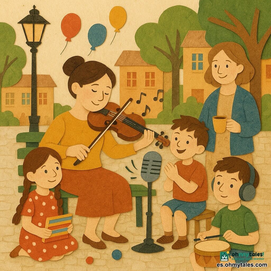 Mujer musicista adulta, rostro redondo y sonriente, cabello castaño recogido en moño, ojos suaves; sostiene un violín pequeño marrón y toca con emoción serena con arco visible, postura abierta. Niña de 8 años (Lila) con dos trenzas largas, vestido rojo con lunares blancos, sostiene una libreta colorida y mira a la musicista con admiración, sentada a la izquierda del banco. Niño de 7 años (Tomás) con zapatos polvorientos, pantalón corto azul y rodilla raspada, aplaude mirando a la musicista, de pie a la derecha junto a un caniche de juguete. Niño nuevo de 9 años (Samuel), pelo corto, lleva grandes auriculares y sostiene un pequeño tambor amarillo; está sentado frente al micrófono, concentrado y tímido pero orgulloso. Maestra junto a la puerta de la escuela, con una taza de té humeante, sonríe y observa la escena. Plaza del barrio: empedrado claro, banco de madera pintado de verde, farol antiguo, árboles con hojas recortadas en papel verde, globos y canicas esparcidos; casas al fondo con ventanas y cortinas coloridas. Escena principal: la musicista graba una canción con los niños alrededor de un micrófono vintage sobre una mesa; se ve una consola de radio con botones redondos, ondas estilizadas saliendo del micrófono y pequeñas notas musicales de papel flotando en el aire. Paleta: tonos cálidos (ocre, teja, mostaza) con acentos verdes y azules; texturas de papel visibles, costuras y collages, sombras simples y formas naïf. Ambiente: alegre, tierno e inclusivo, expresiones amables, composición clara y legible para un niño de 6 años.