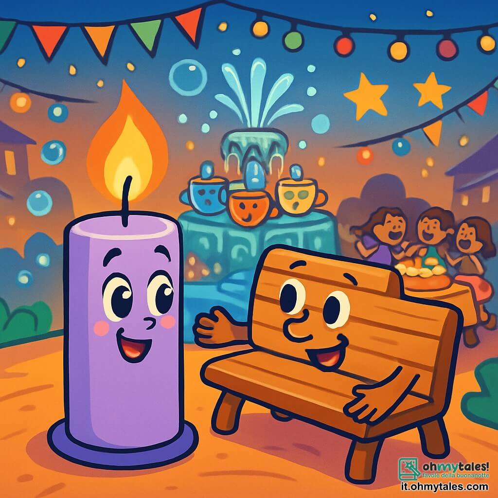 Una piccola candela di colore lilla, con un volto sorridente e uno stoppino dritto, si trova al centro della scena, con gli occhi brillanti di gioia e meraviglia. Accanto a lei, una panchina di legno, con braccioli accoglienti, mostra un sorriso caloroso e incoraggiante, mentre si piega leggermente verso la candela, come per sussurrarle un segreto. Sullo sfondo, una fontana scintillante, circondata da tazze colorate che cantano, crea un'atmosfera festosa, con bolle d'acqua che scoppiano in lampi di luce. La scena si svolge in una piazza animata di Scatolonia, dove decorazioni colorate fluttuano nell'aria, e bambini ridono e ballano attorno a un grande tavolo pieno di dolcetti. La candela, circondata dai suoi nuovi amici, soffia su una candela di compleanno, mentre stelle brillanti appaiono nel cielo, simboleggiando la magia dell'amicizia e delle celebrazioni.