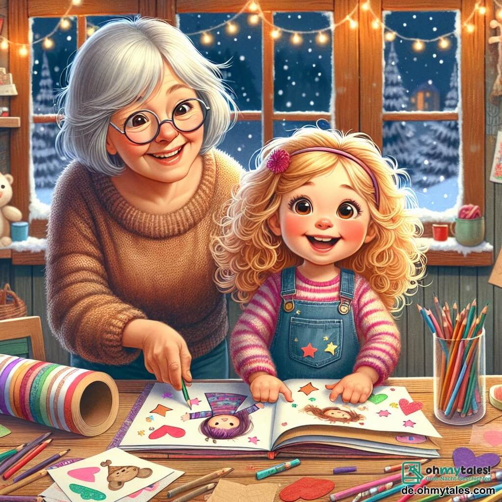 Ein kleines Mädchen von 3 Jahren, Mia, mit lockigem, goldenem Haar und großen, strahlenden Augen, sitzt an einem Holztisch, umgeben von buntem Papier und Stiften. Sie lächelt begeistert und hält ein handgemachtes Buch, das mit bunten Zeichnungen von Sternen und Herzen verziert ist. Neben ihr sitzt eine etwa 50-jährige Frau, Frau Schneider, mit grauem Haar und runden Brillen, die warm lächelt und eine Rolle buntes Papier in der Hand hält. Sie beugt sich zu Mia und hilft ihr, Bilder in das Buch zu kleben. Ihre Küche ist warm und einladend, mit Holzwänden, einem großen Fenster, das sanftes Winterlicht hereinlässt, und Lichterketten, die von der Decke hängen und eine festliche Atmosphäre schaffen. Die Szene zeigt den fröhlichen Moment, in dem Mia und Frau Schneider zusammen an einem Weihnachtsbuch arbeiten, das mit Zeichnungen und Erinnerungen gefüllt ist, umgeben vom Weihnachtsgeist, während draußen sanft Schneeflocken fallen.