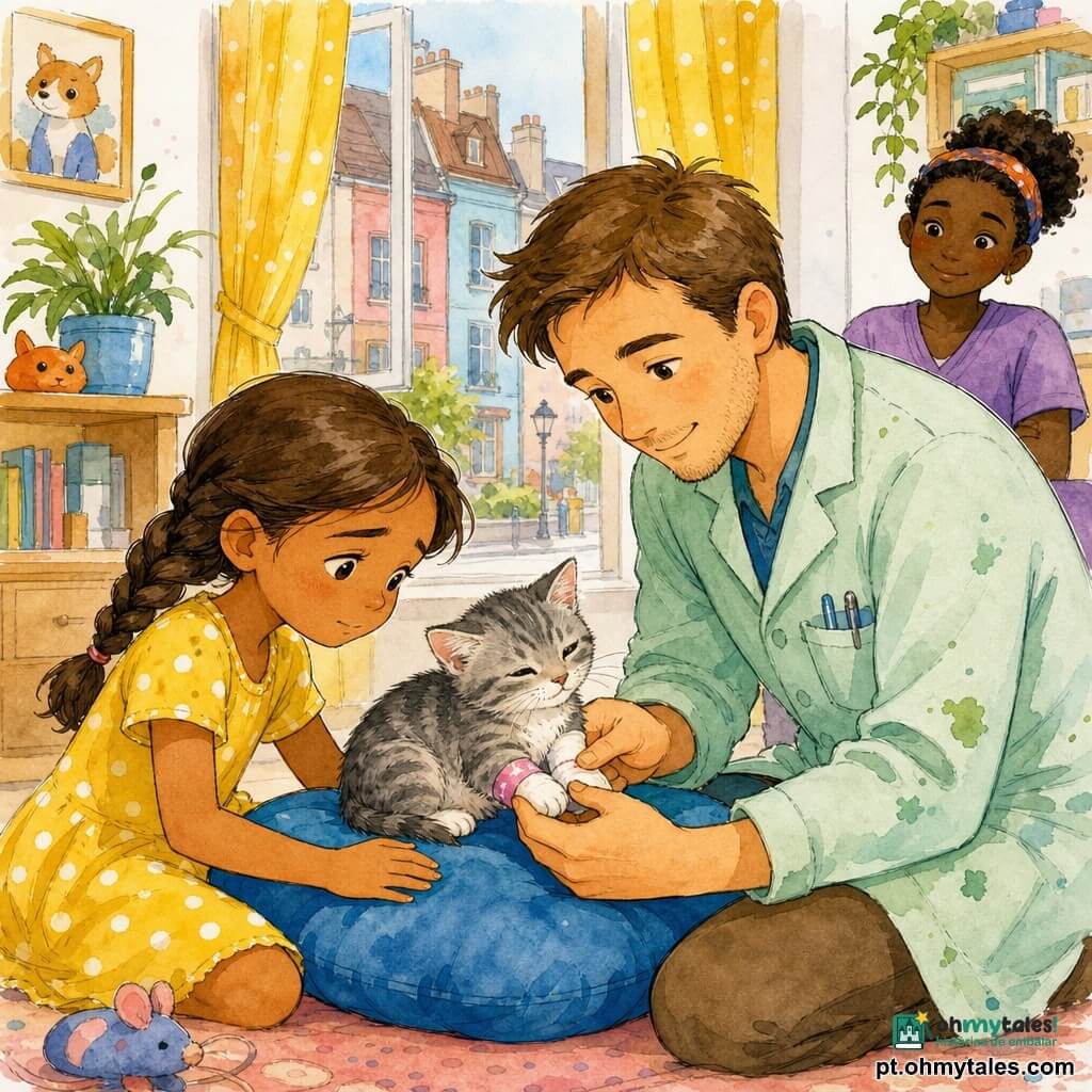 Um veterinário de trinta anos, cabelos castanho-claro curtos, bata verde-clara levemente manchada, rosto suave e sorriso acolhedor, ajoelhado a segurar delicadamente um pequeno gato cinza às riscas; uma menina de cerca de 8 anos, cabelo castanho em trança, vestido amarelo com bolinhas brancas, está à esquerda, preocupada que se torna aliviada, com a mão no travesseiro do gato. O gatinho é pequeno, pelo macio cinza riscado, olhos semicerrados e uma pequena faixa cor-de-rosa na pata onde o veterinário põe um curativo. Cena num salão luminoso de casa colorida — cortinas amarelas, móvel em madeira clara, almofada azul e janela para rua de casas em tons pastel. Situação: o veterinário trata calmamente o gatinho sobre a almofada, a menina observa atenta; atmosfera calorosa, gestos ternos, cores suaves, traço a tinta preta e manchas de aquarela.