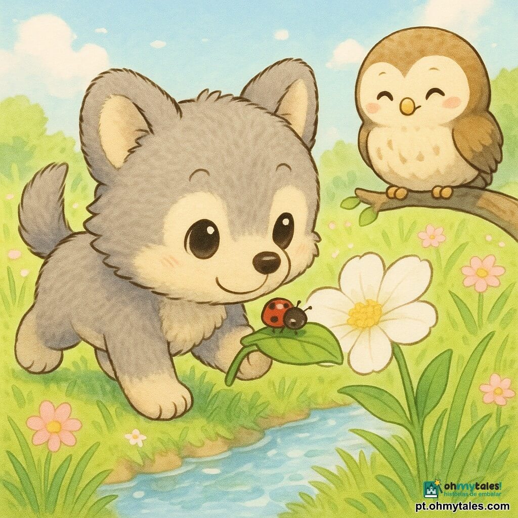 Um pequeno lobo de pelúcia realista, antropomorfo, de pelo cinza suave, expressão alegre, grandes orelhas redondas e olhos brilhantes, caminha lentamente farejando uma grande flor branca junto a um riacho enquanto segura uma folha com uma minúscula joaninha vermelha de pontos pretos curiosa; uma coruja amiga, pequena e arredondada, de penas bege e castanhas, pousa numa baixa árvore à direita e observa sorrindo. Cenário: campo de primavera luminoso com relva alta, flores rosa e brancas, água límpida que cintila e céu azul pastel com nuvens suaves; ambiente doce, cores suaves e texturas felpudas, composição simples e legível para crianças pequenas.
