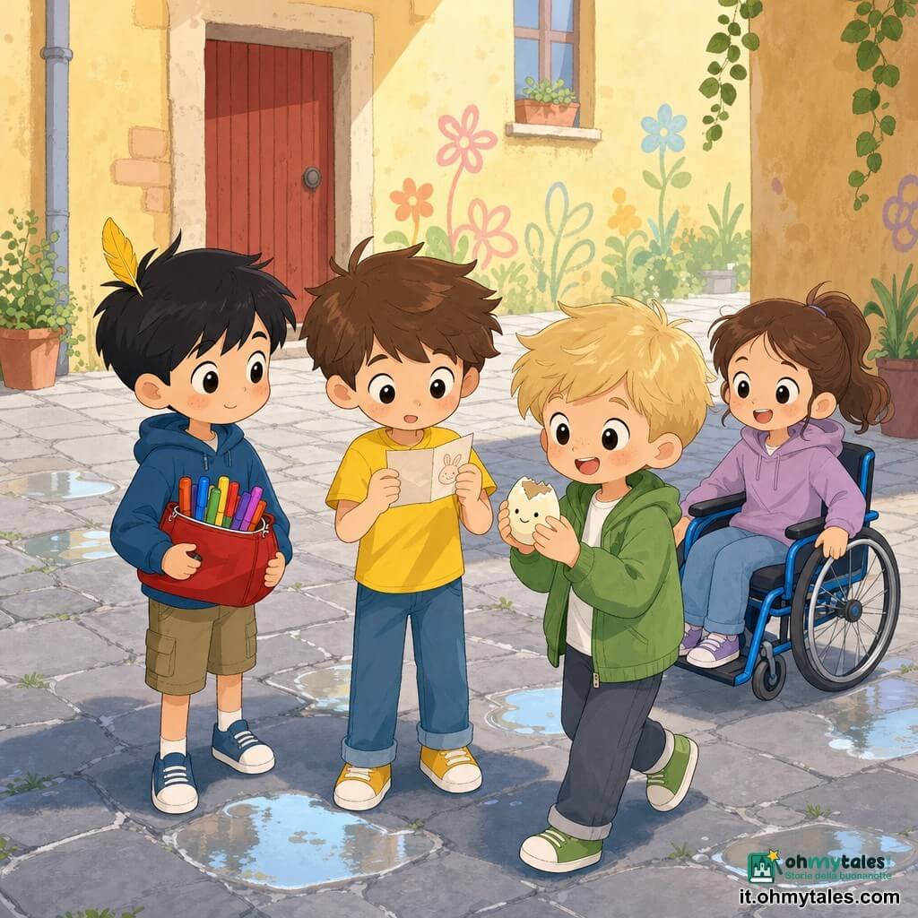 Ci sono quattro bambini: Teo, ragazzo di circa 8 anni, capelli bruni scompigliati, maglietta gialla, tiene al centro un biglietto piegato con il disegno di un coniglio e guarda curioso; Nico, ragazzo ~8 anni, capelli corti neri, a sinistra, porta un astuccio rosso pieno di pennarelli grossi con una piuma gialla sulla testa; Sami, ragazzo ~9 anni, capelli biondi, giacca verde, a destra e leggermente avanti, tiene un uovo sodo sbrecciato che sembra sorridere; Vale, ragazza ~8 anni, capelli castani raccolti, su una sedia a rotelle blu, spinge piano tra le pozzanghere, sorridente e dietro a destra. Luogo: un piccolo cortile lastricato al mattino, pavimento di piastrelle grigie con qualche pozzanghera lucida, muri color ocra con graffiti di fiori e una piccola porta di legno rossa sul fondo, luce chiara e ombre morbide. Situazione: mini-caccia al tesoro di Pasqua con colori vivaci dei pennarelli, una piuma gialla come indizio, l'uovo incrinato sorridente e il biglietto con il coniglio, atmosfera gioiosa e composizione centrata sul gruppo che ride insieme.