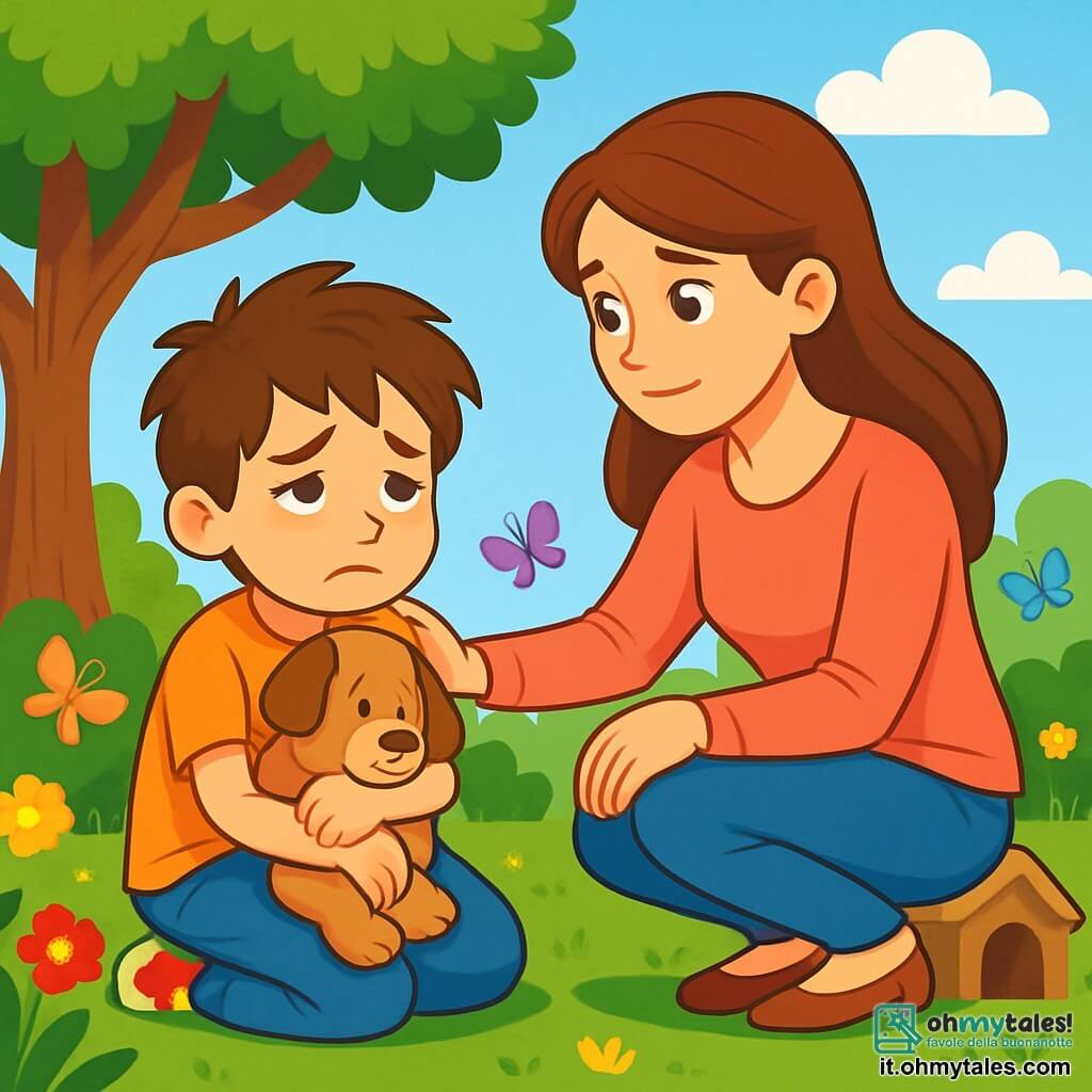 Un ragazzo di 8 anni, con i capelli castani disordinati e gli occhi tristi, è seduto sull'erba verde del giardino, con le spalle leggermente curve, tenendo un peluche a forma di cane contro il suo cuore. Accanto a lui, sua madre, una donna dolce di circa 35 anni, con i capelli lunghi e castani, lo guarda con compassione, accovacciandosi per essere alla sua altezza, con una mano confortante sulla sua spalla. Il giardino è pieno di fiori colorati, con farfalle che volano intorno e un grande albero con foglie dense che offre ombra. Sullo sfondo, una piccola cuccia vuota ricorda la presenza di Leo, il cane amato. La scena principale mostra il ragazzo, perso nei suoi pensieri, che guarda il cielo blu punteggiato di nuvole bianche, ricordando i momenti felici trascorsi con il suo amico a quattro zampe, mentre sua madre gli parla dolcemente, cercando di confortarlo nel suo dolore.