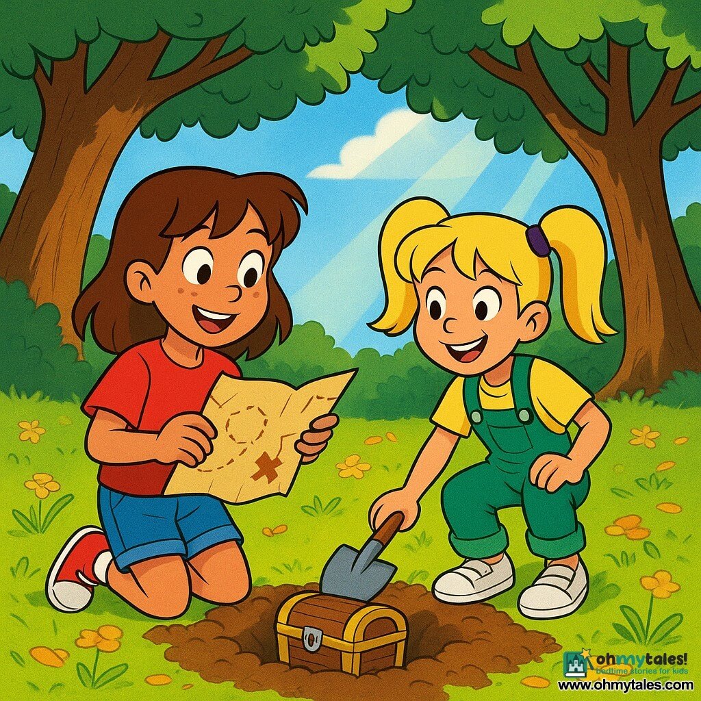 There are two main characters: - An 8-year-old girl with brown hair and freckles, wearing a red t-shirt and denim shorts. She is holding an unfolded treasure map in her hands and looking forward excitedly. She is on the left side of the image. - Another 8-year-old girl with blonde hair tied in two pigtails, wearing green overalls and white sneakers. She is holding a small shovel and smiling at her friend. She is on the right side of the image. The setting is a sunny clearing surrounded by three large oak trees with thick branches. The ground is covered with golden leaves and small wildflowers. In the center of the clearing, there is a small mound of freshly turned earth. The main situation shows the two girls discovering a hidden treasure under the oaks. They are enthusiastically digging, and a small wooden chest is partially visible in the ground. The sky is blue with a few fluffy white clouds, and sun rays filter through the tree branches, creating bright patterns on the ground.