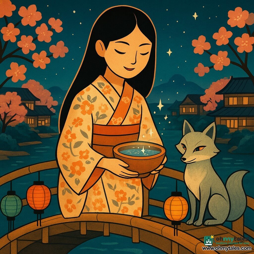 A young Japanese woman, Hana, with a serene and smiling face, holds a terracotta bowl filled with shimmering water. She has long black hair and wears a kimono with delicate floral patterns. A spiritual fox with silver fur and mischievous eyes sits calmly beside her on the bamboo bridge. The bridge is adorned with colorful paper lanterns, gently illuminating the scene. In the background, a traditional Japanese village stretches along the river, with wooden houses and blooming cherry trees. The main scene shows Hana crossing the bridge, bringing light and peace between the two sides of the village under a calming starry sky.