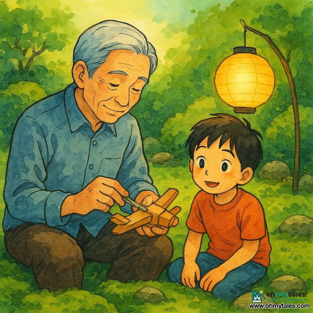 An elderly man with silver hair, Kenji, is sitting in a peaceful garden, delicately and skillfully repairing a wooden toy with a gentle and focused expression. Next to him, an eight-year-old boy, Haru, watches closely, his face lit with curiosity and wonder. The small, serene garden features green moss and carefully arranged stones, bathed in the soft light of a paper lantern named Akari, which emits a warm golden glow. The main scene shows Kenji and Haru collaborating in a moment of repair and sharing, surrounded by an atmosphere of calm and subtle magic.