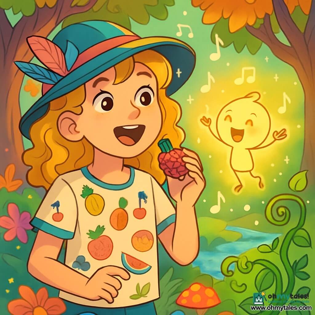 A 12-year-old girl with curly golden hair wears a colorful hat adorned with feathers and a fruit-patterned t-shirt. She has a delighted smile and sparkling curious eyes, holding a raspberry-shaped whistle in her hand. Next to her, a small glowing sprite named Twinkle, with thin arms and bright eyes, joyfully floats in the air, waving its little hands as if dancing. The setting is an enchanted forest, with twisted tree trunks and multicolored leaves shimmering under a gentle sun. Strange-shaped flowers and brightly colored mushrooms dot the ground, while a nearby stream babbles cheerfully. The main scene shows the girl and Twinkle singing together, surrounded by small bubbles of light floating around them, as a group of vines wiggles joyfully, as if listening to their music.