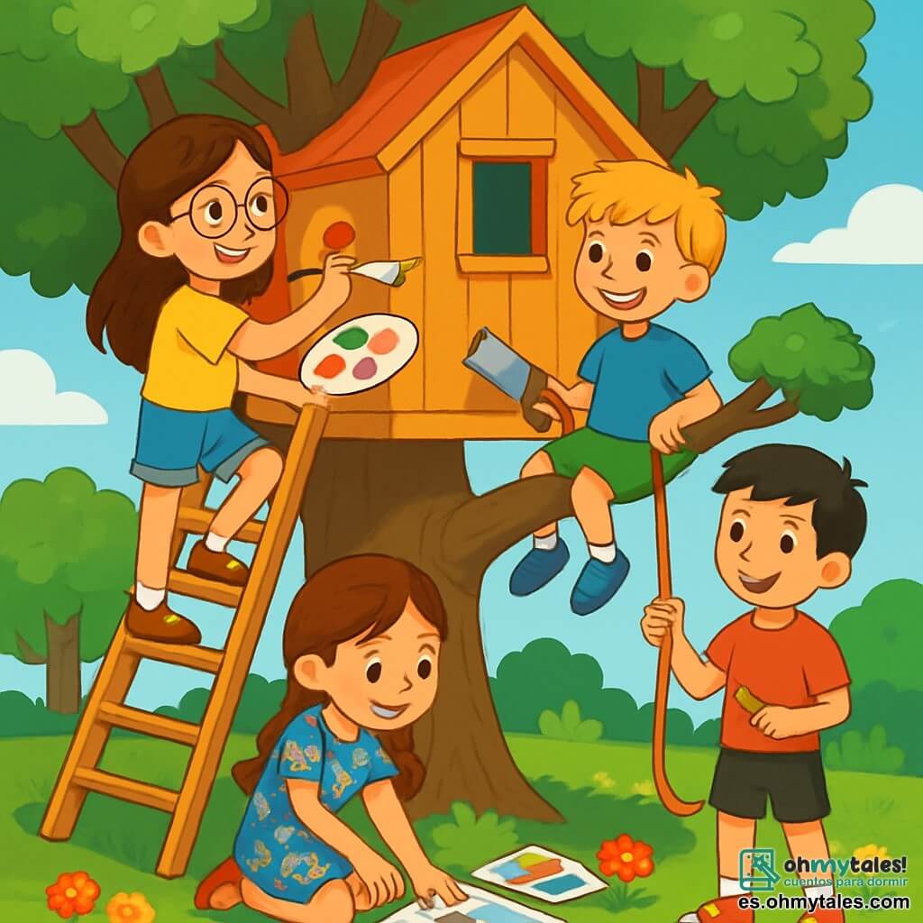 Hay 4 niños: - Sofía: una niña de 9 años, con cabello largo castaño y gafas redondas. Lleva una camiseta amarilla brillante y un short de mezclilla. Está de pie en una escalera de madera, sosteniendo una paleta de pintura, decorando la casa en el árbol. - Lucas: un niño de 10 años, con cabello rubio desordenado y una sonrisa traviesa. Lleva una camiseta azul y un short verde. Está sentado en una rama, sosteniendo una sierra, listo para ayudar a construir la casa. - Marta: una niña de 9 años, con cabello castaño trenzado y un vestido de flores. Está agachada en el suelo, rodeada de dibujos coloridos, eligiendo decoraciones para la casa. - Tomás: un niño de 10 años, con cabello negro y pecas. Lleva una camiseta roja y un short negro. Está de pie junto a Lucas, sosteniendo una cuerda, listo para atarla y escalar. El lugar es un jardín verde, lleno de flores coloridas y árboles majestuosos. En el centro, se alza un gran roble, cuyas ramas se extienden, ofreciendo un refugio perfecto para la casa en el árbol. El cielo es azul con algunas nubes blancas, y el sol brilla, iluminando la escena con una luz cálida. La situación principal muestra a los niños en plena acción, trabajando juntos con entusiasmo para construir su casa en el árbol, riendo y ayudándose mutuamente, creando un momento de camaradería y alegría veraniega.