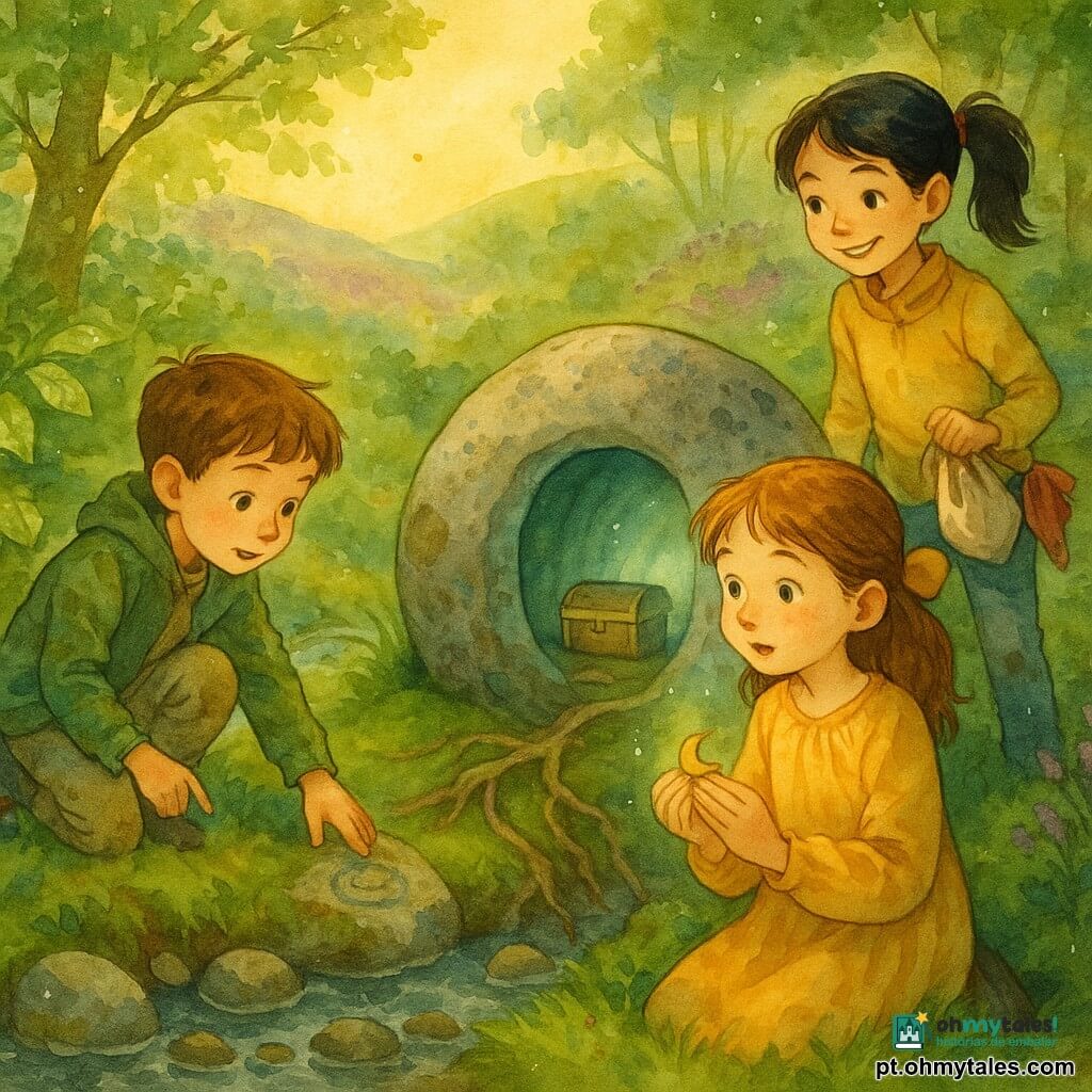 Há três crianças: Leonor (~6 anos), cabelos castanho presos com laço amarelo, rosto suave com sardas, segura uma pequena amuleto dourado em forma de lua; Tiago (~6 anos), cabelos castanhos curtos, veste verde, aponta para uma pedra junto a um ribeiro; Bia (~6 anos), cabelo preto preso, sorri segurando um saco de tecido. Elas estão num bosque de colinas verdes após a chuva, com folhas brilhantes, musgo e um ribeiro de pedras redondas; há uma grande pedra arredondada com um buraco. As três acabam de encaixar a amuleto numa fenda da pedra, que se abre revelando um corredor luminoso azul-esverdeado e um pequeno baú de madeira; clima de fim de tarde com luz dourada e expressões de surpresa e alegria.