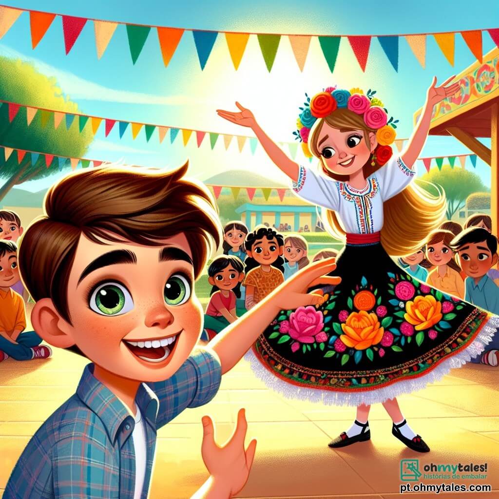 Um garoto de 12 anos, Tomás, com cabelos castanhos e olhos brilhantes, está no centro do palco com um grande sorriso no rosto, expressando sua alegria. Ele usa uma camiseta colorida e um short, enquanto estende a mão para Sofia, uma menina de 11 anos, com cabelos longos e loiros, e pele clara. Sofia, um pouco tímida mas sorridente, está mostrando uma dança tradicional de seu país, vestida com um vestido colorido decorado com padrões florais. O cenário é um pátio escolar ensolarado, cercado por árvores verdes e brinquedos. Colegas de classe estão sentados em bancos, encantados com a apresentação de Sofia, enquanto guirlandas coloridas flutuam acima deles, criando uma atmosfera festiva. A cena principal mostra Tomás e Sofia compartilhando um momento de descoberta cultural, com Sofia dançando graciosamente e Tomás a incentivando com gestos amistosos, simbolizando amizade e tolerância entre diferentes culturas.