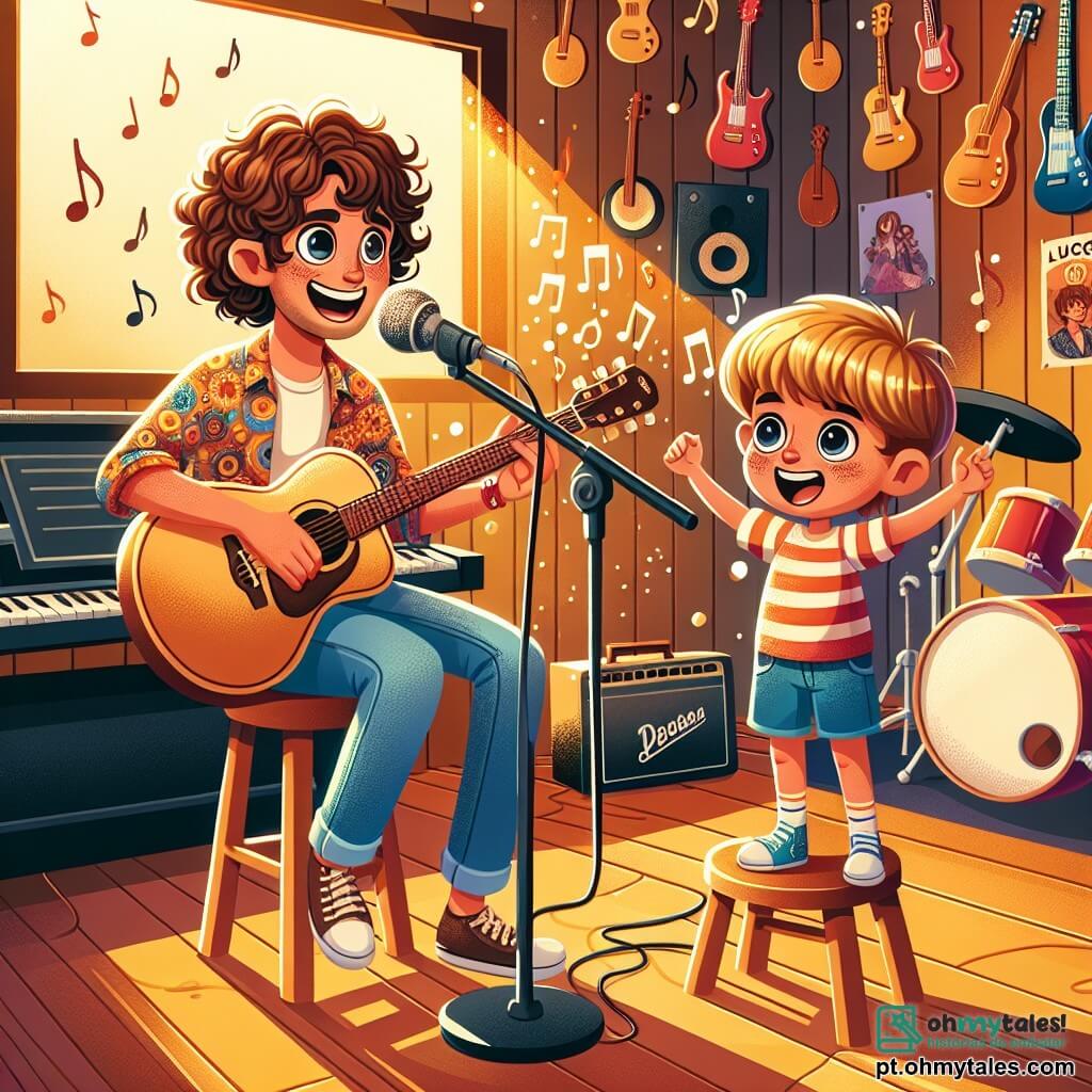 No centro da imagem, Tomás, um homem de cerca de trinta anos com cabelos castanhos e cacheados, usa uma camisa colorida e jeans. Ele sorri amplamente, com os olhos brilhando de excitação enquanto toca violão, sentado em um banquinho de madeira. Ao seu lado, Lucas, um garoto de dez anos com cabelos loiros e óculos redondos, está em pé segurando um microfone. Ele veste uma camiseta listrada e um short, cantando com entusiasmo, os braços levantados em sinal de alegria. Ao fundo, um estúdio de música acolhedor está cheio de instrumentos: uma bateria, um piano e guitarras penduradas na parede. Pôsteres coloridos de shows decoram as paredes, e uma janela deixa entrar a luz do sol, iluminando o ambiente com um suave brilho dourado. A cena principal mostra Tomás e Lucas criando uma nova canção juntos, cercados por notas musicais flutuando no ar, simbolizando sua criatividade e felicidade compartilhada.