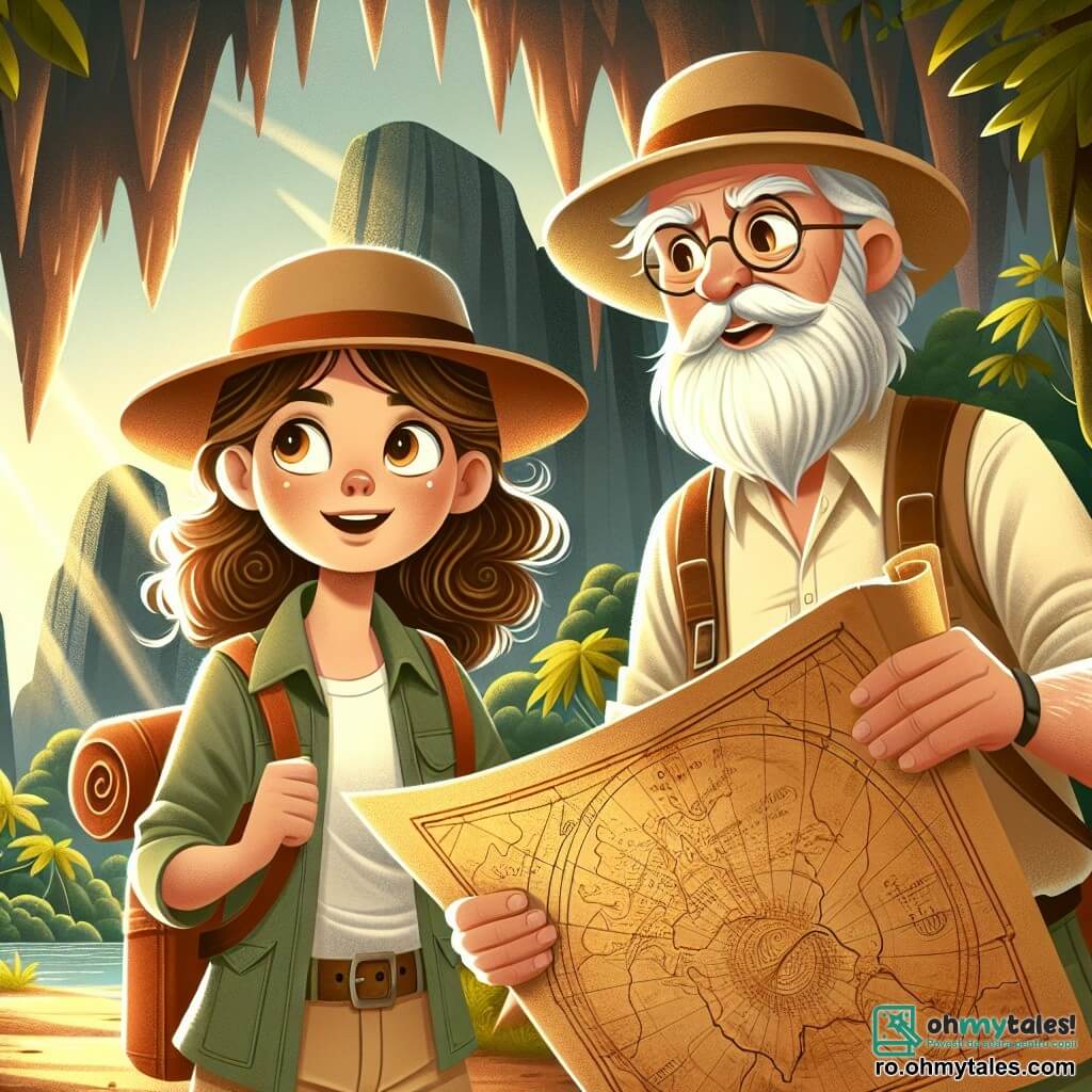 Ana, o fetiță de aproximativ 10 ani, cu părul castaniu și creț, poartă o jachetă verde de explorator și o pălărie din paie. Fața ei exprimă o mare determinare și entuziasm în timp ce ține o veche hartă a comorii în mâini, scrutând orizontul cu ochii strălucitori. Lângă ea se află domnul Ion, un bărbat în vârstă de aproximativ 70 de ani, cu o barbă lungă și albă și ochelari rotunzi. El poartă o cămașă din in bej și o vestă din piele, observând cu atenție harta, cu un zâmbet binevoitor pe față. Scena se desfășoară la intrarea în misterioasa Peștera Cupei de Aur, o peșteră măreață înconjurată de stânci mari și vegetație luxuriantă, unde razele de lumină aurie filtrează printre copaci. Ana și domnul Ion se pregătesc să intre în peșteră, plini de entuziasm și curiozitate, gata să descopere comorile ascunse și misterele care îi așteaptă în interior.