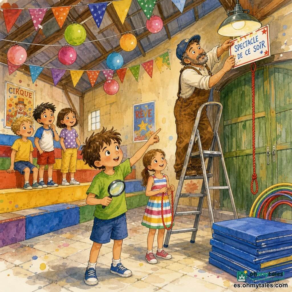 Un niño de 6 años, alegre y concentrado, pelo castaño despeinado, ojos grandes, ropa colorida (camiseta verde, pantalón corto azul), sostiene una lupa en la mano derecha y señala un cartel en lo alto de una lámpara; una niña, Clara, hermana mayor de unos 9 años, sonriente, con coleta y vestido de rayas, sostiene un trozo corto de cuerda roja y se sitúa ligeramente detrás; un hombre adulto, el señor Pablo, unos 45 años, con barba canosa, gorra y peto marrón, está en una pequeña escalera metálica recogiendo el cartel atascado bajo la lámpara; alrededor, tres niños juguetones (dos niños y una niña de 6–8 años) miran con las manos en la boca desde unas gradas coloridas a la izquierda; lugar: interior de un pequeño estadio cubierto, suelo de losas, gradas de madera pintadas, globos y banderines multicolores, colchonetas azules y aros apilados junto a una puerta con una cuerda roja colgante; situación principal: momento de descubrimiento — el cartel «Zona de saltos» colgado en la lámpara sobre la puerta, el niño apunta con la lupa, Clara muestra la cuerda roja encontrada, el señor Pablo baja el cartel, ambiente luminoso suave, trazos de tinta vivos y manchas de acuarela brillantes.