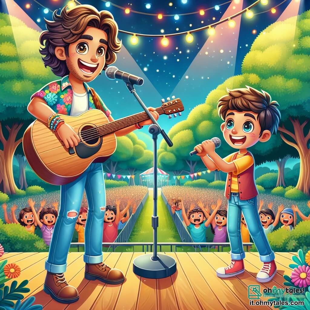 Un cantante, Leo, è sul palco, radioso di gioia e fiducia, con capelli castani ondulati e una grande chitarra in legno in mano. Indossa una camicia colorata e un jeans, e il suo sorriso splendente illumina il suo volto. Accanto a lui, un ragazzo di dieci anni, Marco, con capelli ricci e occhi scintillanti di eccitazione, canta con entusiasmo, tenendo un microfono e un grande sorriso. Si trovano su un palco all'aperto, circondati da un pubblico entusiasta che applaude e balla, sotto un cielo blu punteggiato di nuvole bianche. Il luogo è un parco verdeggiante, pieno di alberi maestosi e fiori colorati, con festoni luminosi appesi tra i rami, creando un'atmosfera festosa. La scena è decorata con palloncini e striscioni, aggiungendo un tocco di magia all'evento. Leo e Marco cantano insieme una canzone gioiosa sull'amicizia e la musica, catturando il pubblico con la loro energia contagiosa e la passione per la musica.