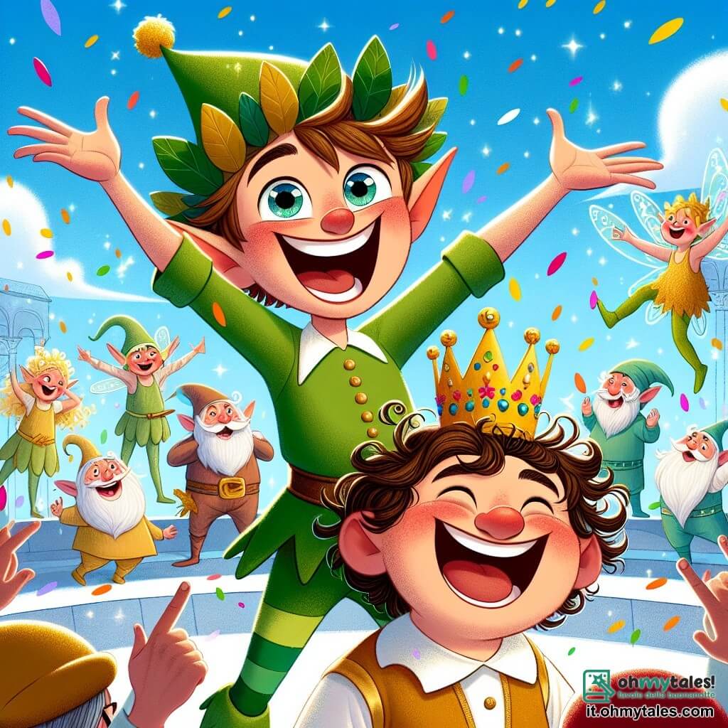 Un follet felice di nome Titino, con un grande sorriso splendente, indossa un cappello verde fatto di foglie e ha occhi scintillanti di malizia. Salta sul posto, le braccia alzate in segno di celebrazione, circondato da scintillii magici. Accanto a lui, Lello, un ragazzo di 10 anni con capelli castani arruffati e un volto giocoso, ride a crepapelle, tenendo una corona di fiori colorati. Si trovano entrambi sul palco di Piazza delle Maraviglie, una piazza animata piena di creature fantastiche, gnomi danzanti e sirene che spruzzano acqua, sotto un cielo blu punteggiato di nuvole soffici. La scena cattura il momento in cui Lello viene incoronato Re della Risata, circondato da risate e applausi, mentre coriandoli colorati cadono attorno a loro, creando un'atmosfera festosa e magica.