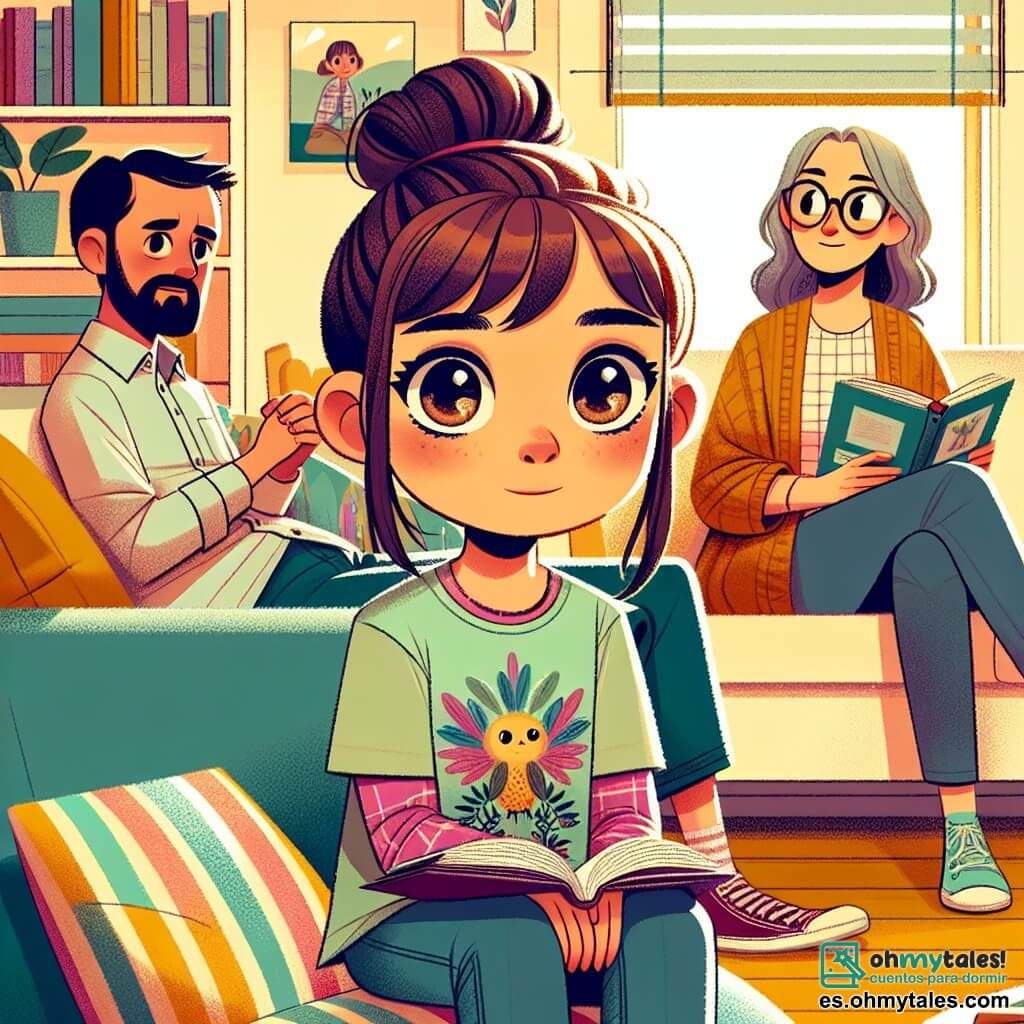 Una chica de 12 años, Lucía, con largos cabellos castaños y ojos brillantes, está sentada en un sofá cómodo, luciendo decidida y algo nerviosa. Lleva una camiseta colorida y jeans, sosteniendo un libro abierto en sus piernas, con las cejas ligeramente fruncidas mientras se prepara para hablar con sus padres. A su lado, su madre, de unos 35 años, con el cabello castaño recogido en un moño, lleva un suéter suave y pantalones de yoga, luciendo atenta y curiosa, mirando a su hija con una sonrisa alentadora. Al otro lado, su padre, de unos 37 años, con barba bien recortada y gafas, está sentado en una silla, con los brazos cruzados, mostrando una expresión de sorpresa e interés, listo para escuchar. La escena tiene lugar en una sala acogedora, con paredes pintadas de amarillo pastel, cojines coloridos en el sofá y libros esparcidos sobre una mesa de madera. Una luz suave entra por una ventana, creando una atmósfera cálida e íntima. Lucía, con valentía, propone a sus padres hablar tranquilamente sobre sus sentimientos, sosteniendo el libro que contiene lecciones sobre comunicación, lista para ayudarles a resolver sus conflictos familiares.