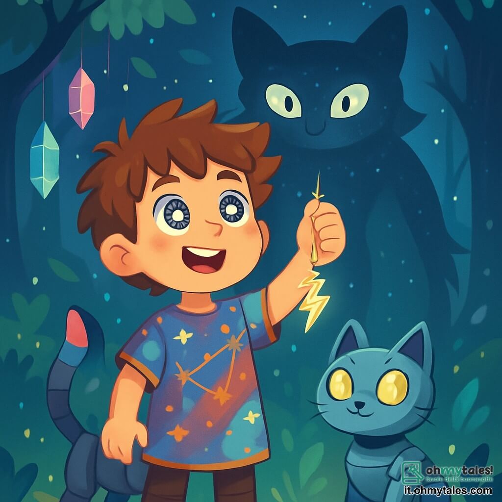 Un ragazzo di 8 anni, Leo, con capelli arruffati e occhi brillanti come stelle, si trova al centro della scena, mostrando un'espressione di meraviglia e determinazione. Indossa una tunica colorata decorata con motivi di costellazioni e tiene un ciondolo scintillante a forma di fulmine nella mano. Accanto a lui, un robogatto di nome Pixel, con occhi luminosi e pelliccia metallica, guarda con curiosità, le orecchie ritte. Sullo sfondo, Ombra-Luce, un maestoso Guardiano delle Ombre, si erge con una silhouette eterea, fatta di nebbia e stelle, i suoi grandi occhi brillanti fissi su Leo con benevolenza. La scena si svolge nella foresta incantata di Luminalia, dove gli alberi brillano di una luce dolce e le foglie fluttuano come lucciole. Leo, con grande fiducia, propone di costruire un ponte magico tra la città e la Luna, mentre Ombra-Luce lo ascolta attentamente, pronto a dare la sua benedizione.