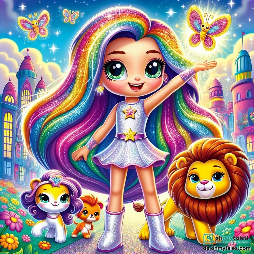 Lila Glitzerglanz ist eine Superheldin mit langen, glänzenden, regenbogenfarbigen Haaren, einem strahlenden Lächeln und funkelnden, entschlossenen Augen. Sie steht stolz im Mittelpunkt der Szene und hebt eine mit magischen Glitzer verzierten Hand, die in der Luft funkelt. Neben ihr steht Leo, ein mutiger Löwe, der auf seinen Hinterbeinen steht und kraftvoll brüllt. Er hat eine leuchtend goldene Mähne und lebhafte Augen, die seinen Mut zeigen. In der Nähe fliegt Mia, ein hübscher Schmetterling mit bunten Flügeln, um Lila und verleiht der Szene einen Hauch von Magie. Die Kulisse ist eine bunte Stadt mit lebhaften Gebäuden, strahlenden Blumen und einem hellblauen Himmel, der mit flauschigen weißen Wolken übersät ist. Die Hauptsituation zeigt Lila und ihre Freunde vereint im Kampf gegen Grummel, einen kleinen, grimmigen Mann, der versucht, den Glitzer der Stadt zu stehlen. Lila, voller Mut, ist bereit, ihre Kräfte zum Schutz der Stadt einzusetzen, während Leo und Mia bereit sind, ihr zu helfen.