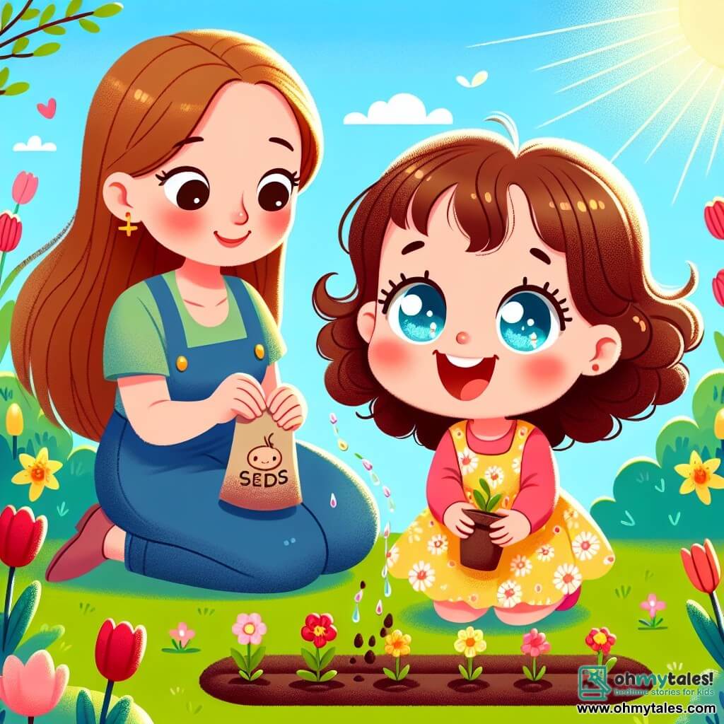 A 4-year-old girl named Lily, with sparkling blue eyes and curly brown hair, is planting seeds in the garden. She wears a pretty yellow floral dress and has a big smile on her face, showing her joy and excitement. Next to her, her mother, a woman in her thirties with long brown hair, is crouching down, holding a packet of seeds. She looks at Lily with affection and shows her how to water the seeds. The garden is filled with colorful flowers: red tulips, yellow daffodils, and pink roses, under a bright blue sky. The sun is shining, and a gentle breeze makes the flowers dance. Lily and her mother are planting seeds to grow beautiful flowers, celebrating the arrival of spring with enthusiasm and love.