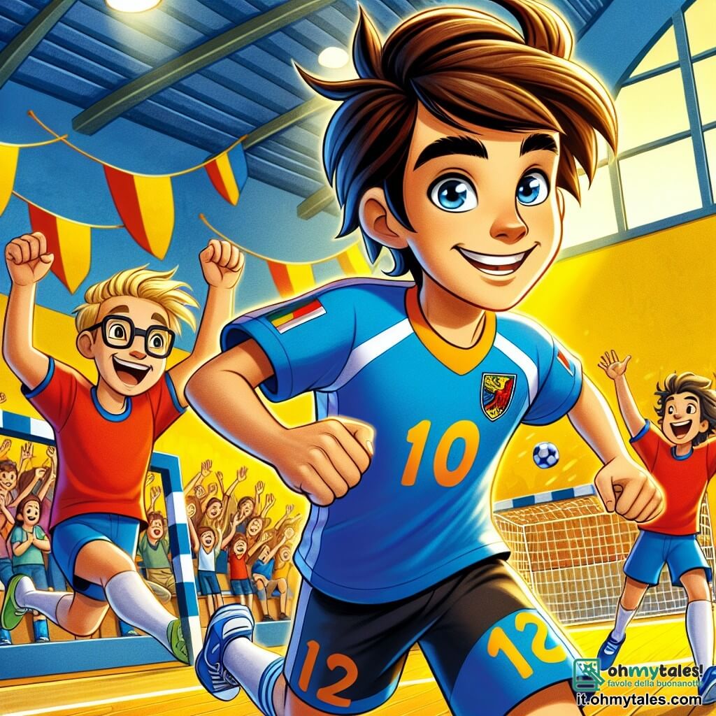 Un ragazzo di 12 anni, Lorenzo, con capelli castani in disordine e un sorriso radioso, sta segnando un gol durante una partita di pallamano. Indossa una maglietta blu brillante con il numero 10, pantaloni corti neri e scarpe bianche. I suoi occhi brillano di eccitazione e determinazione. Accanto a lui, il suo amico Marco, anch'esso di 12 anni, ha i capelli biondi e occhiali. Salta di gioia, con le braccia alzate, celebrando il gol di Lorenzo. Marco indossa una maglietta rossa e pantaloni corti blu, e si trova leggermente indietro rispetto a Lorenzo. La partita si svolge in un palazzetto luminoso, con muri gialli e linee bianche sul pavimento in legno. Spettatori entusiasti sono seduti sugli spalti, sventolando bandiere colorate e applaudendo. La scena principale mostra Lorenzo in azione, pronto a tirare la palla verso la porta, mentre i suoi compagni e avversari si muovono rapidamente attorno a lui, creando un'atmosfera dinamica e piena di energia.