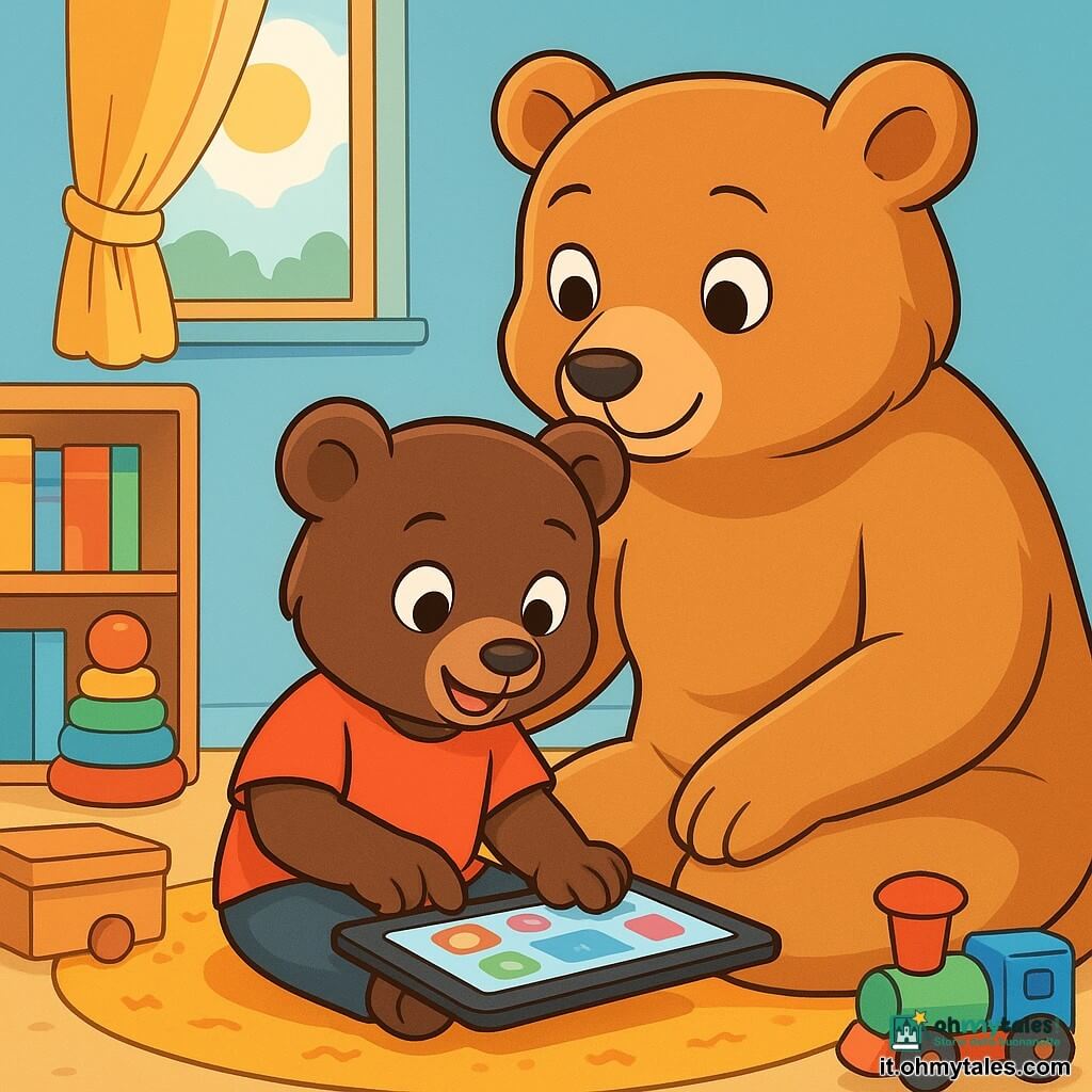Milo, un piccolo orso bruno con un pelo morbido e occhi pieni di curiosità, è seduto su un tappeto soffice, con un sorriso meravigliato sul volto, mentre tocca lo schermo luminoso del suo tablet. Accanto a lui, la sua mamma, un'orsa grande con un pelo dorato e occhi benevoli, osserva con uno sguardo tenero e protettivo, pronta ad aiutarlo. La scena si svolge in una camera accogliente, piena di giocattoli colorati, libri impilati e una finestra che lascia entrare la luce del sole, illuminando le pareti dipinte di blu pastello. Milo è affascinato dalle immagini che danzano sullo schermo, mentre la mamma gli spiega l'importanza di fare pause e giocare all'aperto. Questa illustrazione mostra il momento in cui Milo scopre il mondo digitale, circondato dall'amore e dal sostegno della mamma, illustrando il tema dell'equilibrio tra schermi e vita reale.