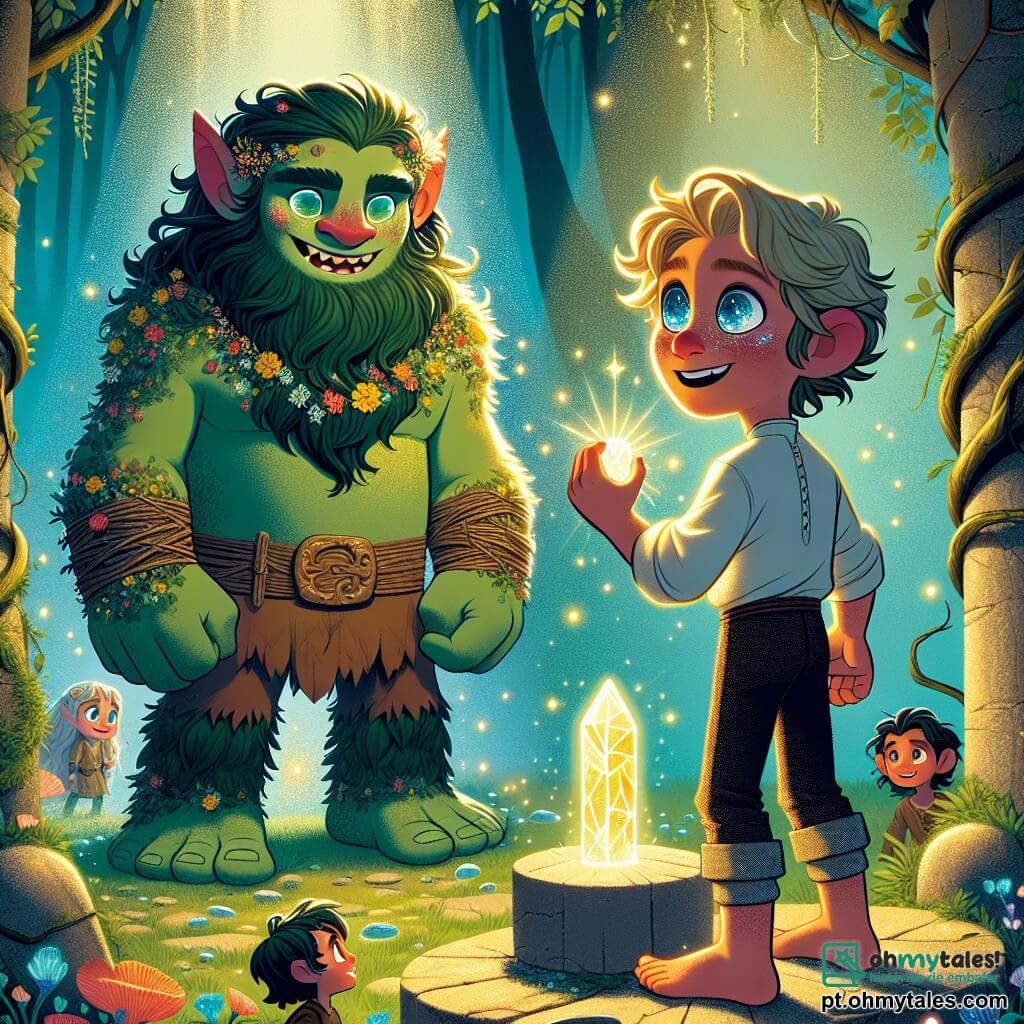 Um grande troll chamado Grun, com pele verde e olhos brilhantes como esmeraldas, está no centro da cena, exibindo uma expressão de orgulho e determinação. Ele tem cabelos bagunçados, salpicados de folhas e flores, e usa um cinto feito de cipós. Ao seu lado, um garoto de 9 anos chamado Leo, com cabelos dourados e olhos azuis cintilantes, observa o Coração de Luminária com admiração, segurando o cristal luminoso nas mãos. Leo veste uma túnica simples e calças de lona, e se posiciona ligeiramente à frente de Grun, pronto para defender seu tesouro. A cena ocorre em uma antiga ruína no coração da floresta encantada de Luminária, onde pedras cobertas de musgo e flores brilhantes formam um círculo ao redor de um pedestal. Raios de sol filtram através das folhas das árvores, criando um jogo de luz mágica no chão. A situação principal mostra Grun e Leo enfrentando um espírito sombrio ameaçador, que surge das sombras, enquanto a luz do Coração de Luminária ilumina a cena, simbolizando esperança e bravura.
