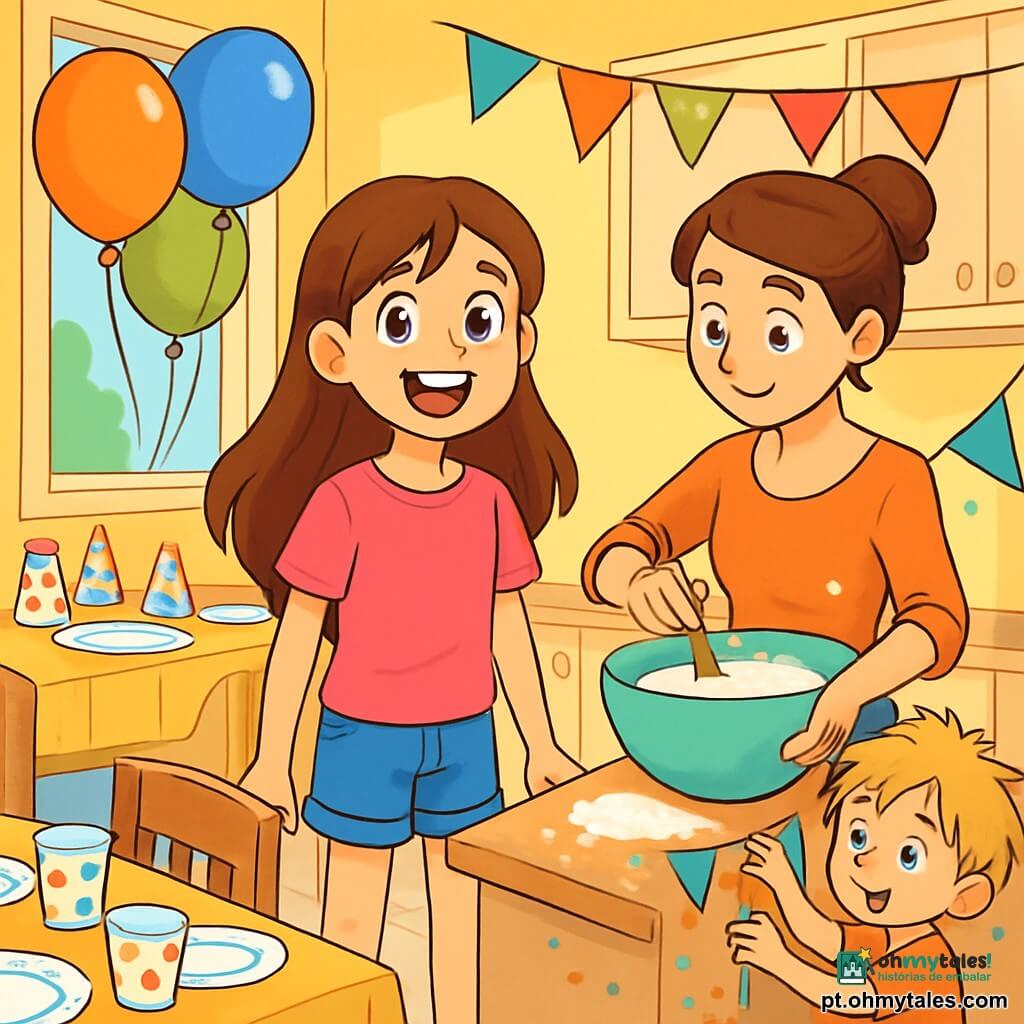 Uma menina de 12 anos, Clara, com longos cabelos castanhos e olhos brilhantes de curiosidade, está no centro da cozinha. Ela usa uma camiseta rosa vibrante e um short de jeans, com um grande sorriso no rosto, demonstrando sua empolgação pelo aniversário. Ao lado dela, sua mãe, uma mulher de cerca de 35 anos, com cabelos castanhos presos em um coque, mistura uma grande tigela de massa de bolo, cercada de farinha e decorações coloridas. Seu irmão, Léo, um garotinho de 6 anos com cabelos loiros bagunçados, está sentado no chão, com as mãos cheias de confetes, tentando colar uma guirlanda na parede. A cozinha é iluminada e acolhedora, com paredes amarelas e janelas que deixam entrar a luz do sol. Balões coloridos flutuam no teto, e uma mesa está posta com pratos e copos decorados para a festa. A cena principal mostra Clara, cheia de energia, pronta para ajudar sua mãe enquanto está ansiosa para descobrir as surpresas de seu aniversário.