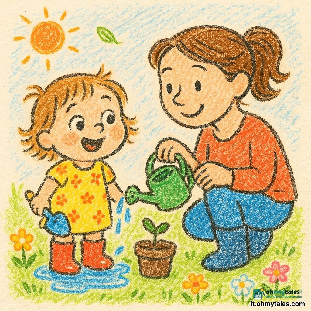 Una bambina di 2 anni, gioiosa e meravigliata, sorride con grandi occhi rotondi e guance rosate; indossa un vestitino giallo a fiori, stivali di gomma rossi e tiene una piccola paletta blu. Accanto a lei, una donna (madre) di circa 30 anni, dolce e sorridente, capelli castani raccolti, inginocchiata versa acqua con un piccolo annaffiatoio verde e la guarda con tenerezza. Davanti alla bambina un vasetto di terra scura con un piccolo germoglio verde che spunta. Attorno prato verde, fiori bassi multicolori e una piccola pozza dove la bambina schizza. Cielo azzurrino con un sole arancione tenue e poche foglie che si muovono. Stile: tratti di matita spessi, colori vivaci, texture di carta, contorni leggermente irregolari, atmosfera dolce e semplice.