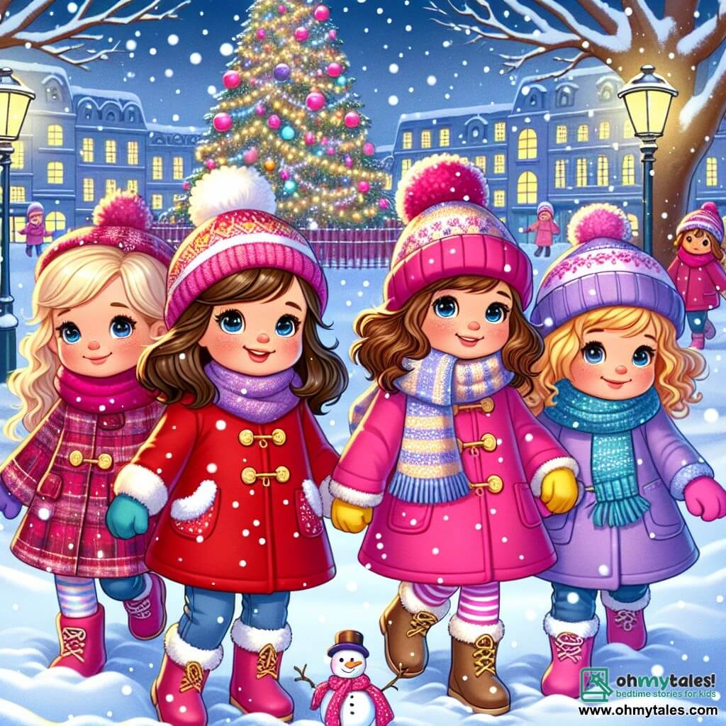 In a snowy park, four five-year-old girls hold hands. Mia, a brunette with sparkling big eyes, wears a bright red coat and a wool hat. To her right, Lily, a little blonde with braids, is dressed in a pink coat and a striped scarf. On the left, Emma, a girl with curly brown hair, wears a blue coat and yellow gloves. Finally, Zoe, a little redhead with freckles, is in a purple coat and a pom-pom hat. The park is filled with gently falling snowflakes, and a large illuminated Christmas tree stands in the background, decorated with sparkling garlands and colorful baubles. The main scene shows the four friends who have just helped a little boy stuck in the snow, with radiant smiles on their faces, symbolizing the spirit of Christmas and friendship.