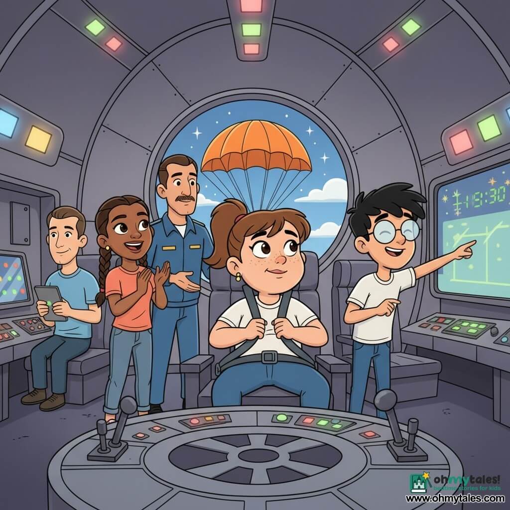 A young woman, Maya, round face with freckles and brown hair in a ponytail, looks relieved and radiant as she unbuckles her belt in a gray simulator seat, hands on the straps and relaxed; to her left a smiling teenage girl, Amaya (~15), caramel skin and braided hair, applauds near a touchscreen, and to her right slightly back a teenage boy, Jonah (~16), tousled black hair and round glasses, laughs and points at the screen showing an opening orange parachute; behind the seats Commander Ortiz (~45), tan with a thin mustache in a navy uniform, stands with an open palm in encouragement, while Dr. Li (~35), fair-skinned with short hair, sits by the left control panel holding a tablet that shows green indicators; the simulator interior resembles a small spacecraft with curved metal walls, softly blinking multicolored panels, a round porthole painted with stars, and a central console of levers and buttons—the team shares warm, relieved pride at the end of a simulated atmospheric reentry exercise as the screen shows an orange parachute opening against a blue sky with small sparks and green readouts.