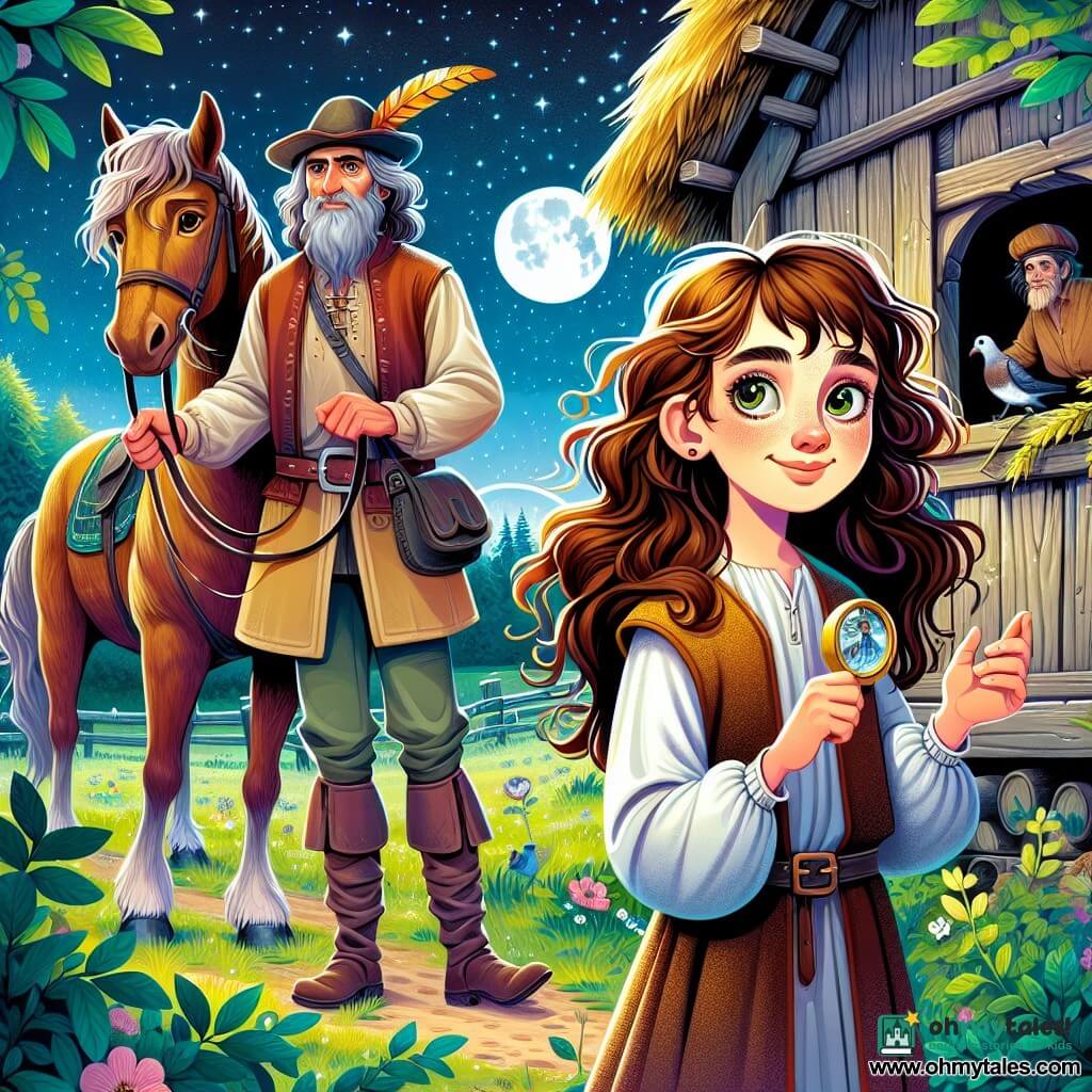 A 12-year-old girl named Elin stands at the center of the scene, with wavy brown hair falling on her shoulders, her eyes sparkling with curiosity and a slight smile on her face, showing both boldness and determination. She wears a simple tunic and canvas pants, with worn boots, and holds a small mirror in one hand, ready to listen to the world around her. Beside her is a postilion named Tomas, a man of about 30, mounted on a brown horse. He wears a feathered hat and a leather jacket, observing the scene with a wise look, ready to guide Elin. He stands slightly back, like a mentor, holding the reins of his horse. The backdrop features an old wooden dovecote with a worn straw roof and a gaping hole letting moonlight in. Verdant fields stretch in the background, and the sky is dotted with twinkling stars, creating a magical and mysterious atmosphere. The main situation shows Elin and Tomas listening attentively to a soft whistling coming from the surrounding bushes, a sound mimicking that of a bird. Elin, with a focused expression, prepares to face the unknown, while the postilion remains alert, ready to intervene if necessary.