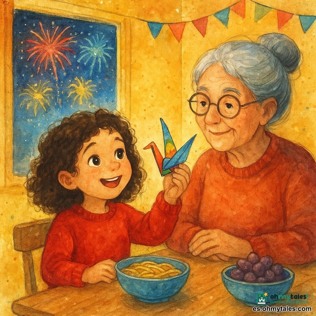 Una niña de 6 años, Lucía, con cabello castaño rizado y ojos brillantes, sonríe con asombro. Lleva un suéter rojo y sostiene una grulla de papel colorida en su mano. A su lado, su abuela, una mujer de unos 70 años con cabello gris en moño y gafas redondas, la observa con ternura. Están en la mesa de la cocina. La cocina es acogedora, con paredes amarillas y una mesa de madera con un bol de fideos largos y un bol de uvas. Por la ventana, se ven fuegos artificiales iluminando el cielo nocturno. La escena principal muestra a Lucía y su abuela preparando juntas la fiesta de Año Nuevo, rodeadas de decoraciones festivas y una luz suave.