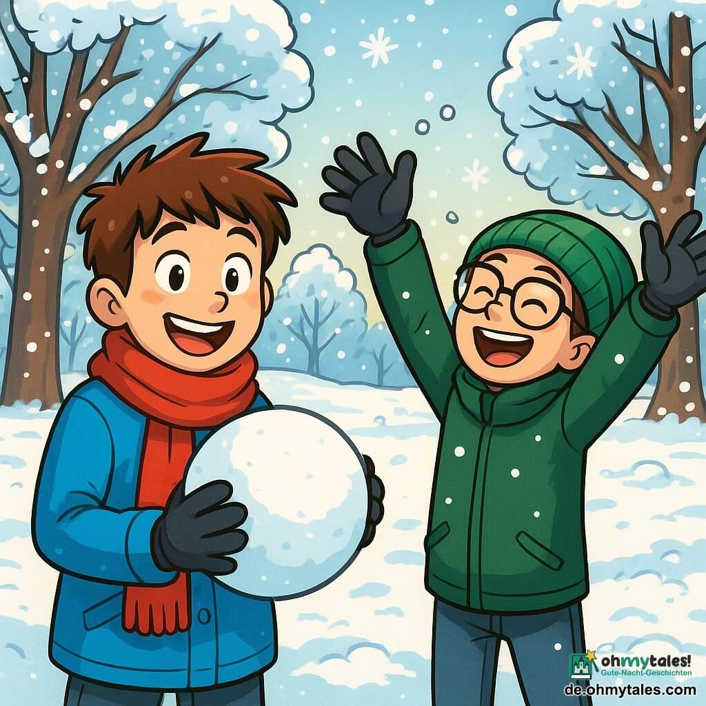 Ein 12-jähriger Junge mit zerzausten braunen Haaren und von der Kälte geröteten Wangen lächelt fröhlich, während er eine große Schneeball in seinen Händen hält. Er trägt einen leuchtend blauen Mantel, einen roten Schal und schwarze Handschuhe, und seine Augen funkeln vor Aufregung. Neben ihm lacht sein Freund Max, ebenfalls 12 Jahre alt, mit einer Brille und einer grünen Mütze, während er die Arme hebt, um einen fallenden Schneeflocken zu fangen. Sie befinden sich in einem verschneiten Park, umgeben von großen Bäumen mit schneebedeckten Ästen, und der Boden ist mit einer dicken Schicht glitzernden Schnees bedeckt, der in der Wintersonne strahlt. Die Hauptsituation zeigt die beiden Freunde, die einen Schneemann bauen, mit strahlenden Lächeln und fröhlichem Lachen, während Schneeflocken um sie herumtanzen.