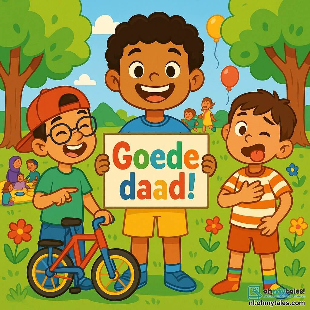 Er zijn 3 personages: - Samir: een jongen van 10 jaar, met krullend haar en een grote glimlach. Hij draagt een blauwe t-shirt en een gele short. Hij staat in het midden en houdt een groot bord vast met "Goede actie!" geschreven in kleurrijke letters. - Omar: een jongen van 9 jaar, met een achterstevoren rode pet en een bril. Hij heeft een groene t-shirt en jeans aan. Hij staat links van Samir, lacht en wijst naar een kleurrijke fiets. - Bilal: een jongen van 8 jaar, met bruin haar en mismatched sokken. Hij draagt een gestreepte t-shirt en een oranje short. Hij staat rechts van Samir, maakt een grappige grimasse met een hand op zijn hart. De situatie speelt zich af in een groen park, vol met kleurrijke bloemen en grote bomen met heldere bladeren. Gezinnen zitten op dekens en kinderen spelen rond, terwijl een heldere blauwe lucht met enkele donzige witte wolken erboven hangt. De hoofdscene toont de drie vrienden die een groot Ramadanfeest in het park organiseren, omringd door lachende mensen, met heerlijke gerechten op tafels en ballonnen die in de lucht zweven. Gelach en vreugde vullen de sfeer, wat een feestelijke en warme ambiance creëert.