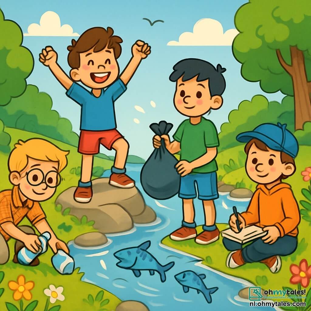 Er zijn 4 kinderen: Daan: een 10-jarig jongen met rommelig bruin haar en een grote glimlach. Hij draagt een blauwe t-shirt en een rode short, en staat op een klein rotsje aan de rand van de rivier, met zijn armen omhoog in een overwinning gebaar. Sam: een 10-jarig jongen met ronde brillen en blond haar. Hij draagt een geruite shirt en beige broek, en zit op de grond een plastic fles uit het gras te rapen. Mika: een 10-jarig jongen met zwart haar en sproeten. Hij draagt een groene t-shirt en een spijkerbroek, en staat naast Daan met een vuilniszak vol afval. Joris: een 10-jarig jongen met kastanjebruin haar en een pet. Hij draagt een oranje sweatshirt en zwarte broek, en zit in het gras te tekenen van vissen in een notitieboek. De hoofdlocatie is een zonnige rivier, omringd door groene bomen met glanzende bladeren. Het water is helder en glinsterend, met gladde stenen die uit de oppervlakte steken. Kleurrijke bloemen groeien langs de oever, en een groep vogels vliegt in de blauwe lucht. De situatie laat de kinderen zien die de rivier schoonmaken. Ze verzamelen afval in vuilniszakken, lachend en vrolijk samen, terwijl vissen blij in het water springen.