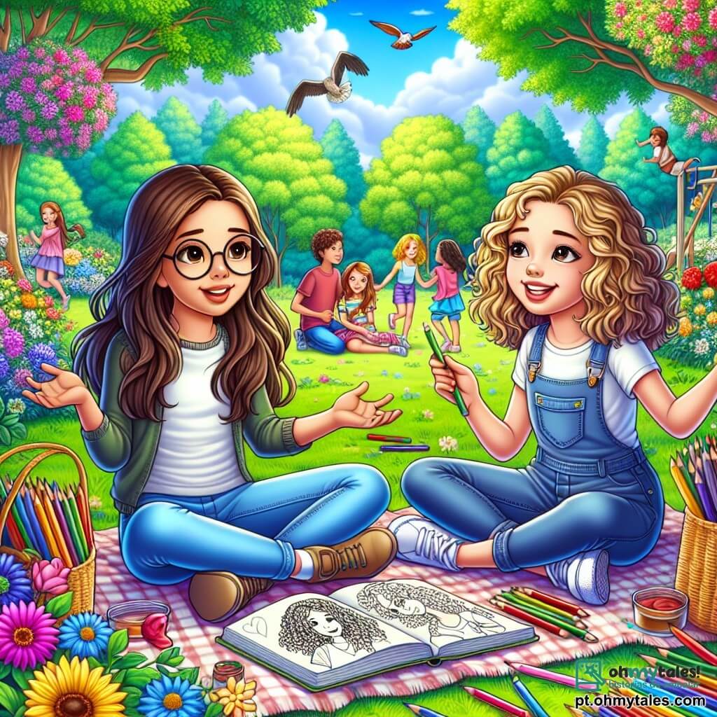 No centro da imagem, Ana, uma menina de doze anos com longos cabelos castanhos e óculos redondos, está sentada em uma toalha de piquenique, com um caderno de desenho aberto em seu colo. À sua direita, Clara, uma menina de doze anos com cabelos loiros e cacheados, sorri alegremente enquanto segura lápis de cor nas mãos. As duas amigas estão cercadas por desenhos coloridos de flores e animais ao seu redor. O local é um parque verdejante, com grandes árvores de folhas brilhantes, flores multicoloridas dançando ao vento e um céu azul com nuvens brancas. Ao fundo, crianças brincam em um balanço e casais passeiam de mãos dadas, criando uma atmosfera alegre e pacífica. A cena principal mostra Ana e Clara conversando seriamente, com expressões concentradas, enquanto compartilham seus sentimentos sobre as brigas de seus pais, ilustrando sua amizade e determinação em encontrar soluções juntas, simbolizando a importância da comunicação e do apoio mútuo.