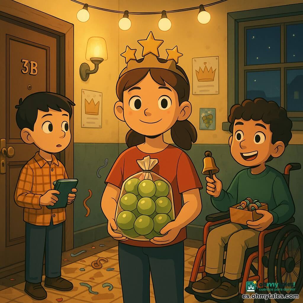Hay tres niños: Vega, niña de ~10 años, pelo castaño en coleta, diadema de cartón con pequeñas estrellas brillantes, en el centro sonriendo y sosteniendo una bolsa grande con doce uvas verdes; Tomás, niño de ~9 años, pelo negro corto, camisa de cuadros, a la izquierda de Vega mirando la puerta 3B y consultando un cuaderno azul; Nuno, niño de ~11 años, pelo rizado, en silla de ruedas roja a la derecha y un poco adelantado, con una caja de serpentinas y una campanilla metálica. Escena en el rellano del tercer piso de un edificio antiguo: paredes amarillentas con carteles y guirnaldas de papel, puerta 3B entreabierta, suelo de baldosa, luz cálida de farol y ventana que muestra un cielo azul noche con estrellas; confeti y serpentinas en el suelo. Los niños se preparan para la noche de Año Nuevo en un ambiente festivo: Vega alza la bolsa de uvas, Tomás revisa instrucciones y Nuno está listo para lanzar las serpentinas; colores vivos y detalles de texturas, composición centrada bajo una guirnalda luminosa.