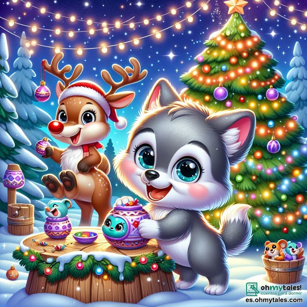 Un pequeño lobo de ojos brillantes y pelaje gris, lleno de emoción, se encuentra frente a un gran árbol de Navidad decorado con guirnaldas coloridas y luces centelleantes. Sonríe ampliamente, con la cola moviéndose de alegría, sosteniendo un caracol mágico de cerámica en sus patas. A su lado, un reno alegre con majestuosos cuernos y una nariz roja brillante ríe mientras cuelga decoraciones en el árbol, mientras que un pequeño ratón con un sombrero navideño y ojos chispeantes trae golosinas coloridas a una mesa de madera. El escenario es un hermoso claro nevado, donde copos de nieve caen suavemente, iluminado por las brillantes estrellas en un cielo nocturno. La escena irradia una atmósfera de magia y alegría, capturando el cálido espíritu de la fiesta navideña.