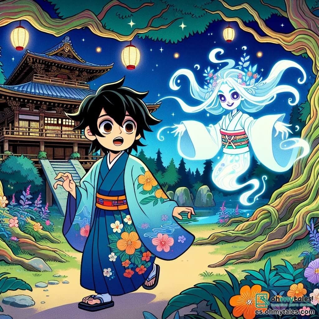 Haruki, un joven de unos 12 años, tiene el cabello negro y ojos brillantes, llenos de curiosidad y asombro. Lleva un kimono tradicional azul adornado con motivos florales, y su rostro expresa una determinación alegre mientras avanza con confianza hacia un antiguo templo. A su lado está Yurei, un espíritu ancestral que flota ligeramente sobre el suelo. Yurei tiene una apariencia etérea, con cabello largo y translúcido que danza como nubes, y un vestido blanco brillante que parece hecho de luz. Observa a Haruki con una expresión benevolente, listo para guiarlo. El escenario es una clara mágica, rodeada de grandes árboles con troncos retorcidos y flores coloridas que florecen bajo la luz de la luna. El antiguo templo, cubierto de musgo y hiedra, se alza majestuosamente en el centro, con farolillos de papel iluminados que proyectan una suave luz. La situación principal muestra a Haruki acercándose al espejo mágico, que brilla intensamente, mientras Yurei lo anima a descubrir la verdad sobre sí mismo y el mundo que lo rodea. La atmósfera está llena de misterio y esperanza, con estrellas brillantes en el cielo nocturno.