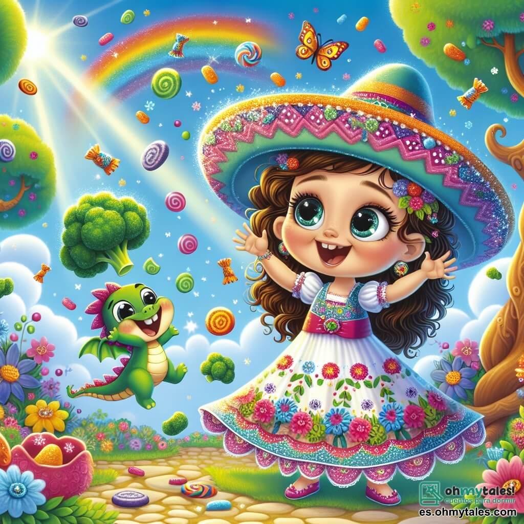 Una niña de 2 años, Lila, con grandes ojos brillantes y cabello rizado castaño, lleva un vestido colorido adornado con flores. Sonríe con asombro, sosteniendo un sombrero mágico brillante en sus pequeñas manos. A su lado, un pequeño dragón llamado Pipo, de aproximadamente 30 centímetros de altura, con escamas verdes y ojos traviesos, flota alegremente en el aire, riendo y haciendo gestos divertidos. El escenario se desarrolla en un jardín encantado, lleno de flores brillantes, árboles con troncos retorcidos y nubes en forma de caramelos flotando en un cielo azul brillante. Rayos de sol iluminan la escena, creando una atmósfera alegre y mágica. La situación principal muestra a Lila y Pipo haciendo caer caramelos coloridos del cielo, pero en lugar de dulces, son brócolis voladores los que caen a su alrededor, provocando risas y sorpresa.