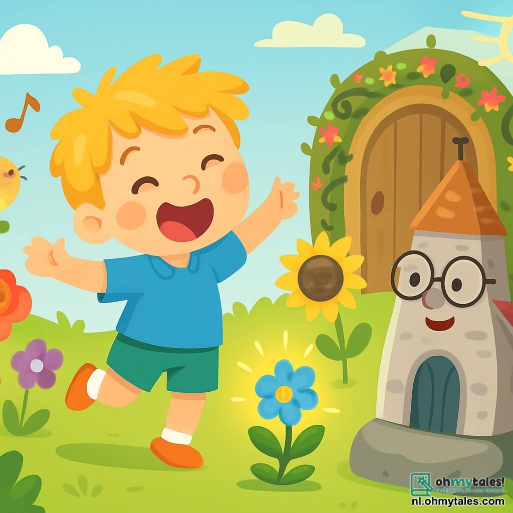 Een klein jongetje genaamd Finn, 6 jaar oud, met messy blond haar en sprankelende ogen, danst vrolijk in een prachtige bloementuin. Hij draagt een blauwe shirt en groene shorts, en zijn stralende glimlach toont zijn geluk. Naast hem kijkt een kleine grijze kerk, met een ronde buik en ronde brillen, teder toe. Ze zit op een steen en zingt met de vogels, haar stekels glinsteren in de zon. De tuin is gevuld met kleurrijke bloemen: rode rozen, gele zonnebloemen en delicate paarse viooltjes, die zachtjes dansen in de bries. Achterin leidt een grote houten poort, versierd met lianen en schitterende bloemen, naar een magische wereld. De hoofdscène toont Finn die enthousiast zingt voor een kleine blauwe bloem, die langzaam opengaat, verlicht door de magie van vriendschap en vriendelijkheid. De muziek van de vogels en het gelach vullen de lucht, wat een vrolijke en betoverende sfeer creëert.