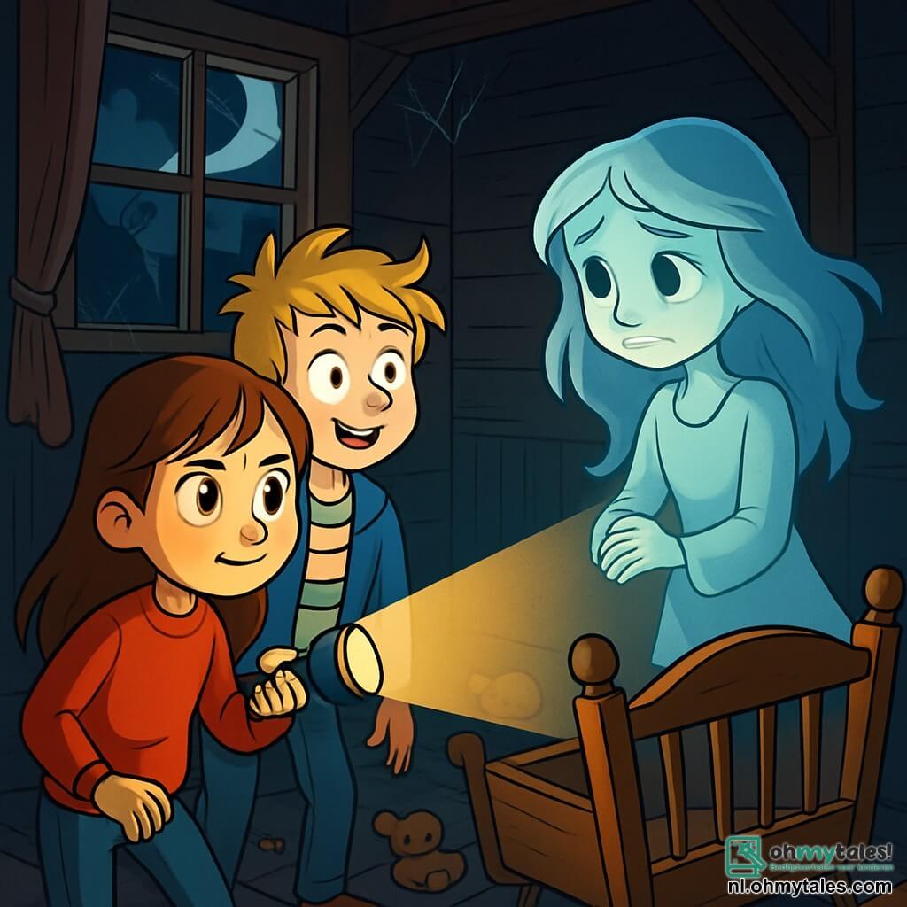 Er zijn 3 personages: - Anna: een 9-jarig meisje met lang bruin haar en nieuwsgierige ogen. Ze draagt een rode trui en een spijkerbroek. Ze staat iets naar voren, met een zaklamp die haar vastberaden gezicht verlicht. - Tijn: een 9-jarige jongen met rommelig blond haar en een ondeugende glimlach. Hij draagt een blauwe jas en een gestreept t-shirt. Hij staat net achter Anna, met grote ogen, klaar om haar te vergezellen. - Lotte: een geest van een meisje, met zwevend en doorschijnend haar, gekleed in een witte jurk die lijkt van mist te zijn. Ze zweeft licht boven de grond, naast de wieg, met een verdrietige maar dankbare blik. De setting is een oude kamer in een verlaten herenhuis, met donkere houten muren, spinnenwebben in de hoeken en stoffige meubels. Maanlicht valt door een gebroken raam en verlicht oude speelgoedstukken die op de grond liggen. In het midden staat een versleten houten wieg, omgeven door een mysterieuze en licht verontrustende sfeer. De hoofdscène toont Anna en Tijn, dapper, tegenover Lotte, de verdrietige geest. Anna houdt haar zaklamp vast die Lotte's gezicht verlicht, terwijl Tijn met fascinatie en een vleugje bezorgdheid kijkt. De sfeer is zowel magisch als angstaanjagend, met dansende schaduwen en een lichte zucht van wind die de gordijnen doet rimpelen.