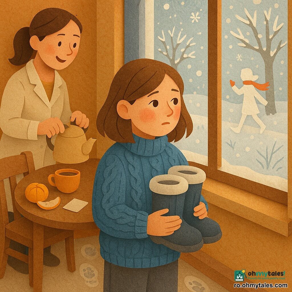 Daria, 12 ani, privind pe fereastră cu un aer visător și ușor neliniștit, obraji roșii, păr brun până la umeri, pulover albastru gros, ținând cizme de iarnă; o femeie adultă (mama, ~35–40 ani), zâmbitoare și liniștitoare, părul prins, palton crem pe spătarul unui scaun, pregătind o ceașcă de ceai pe masa din stânga Darei; o prietenă (Mara, ~12 ani) sugerată ca o siluetă luminoasă pe trotuarul înzăpezit afară, eșarfă roșie fluturând, ridicând mâna în semn de invitație; interior: apartament cald cu geam înghețat, calorifer aburind, masă de lemn cu o portocală curățată și un bilețel, podea cu urme de pași; exterior vizibil prin geam: curte înzăpezită, copaci goi acoperiți de zăpadă, fulgi mari care cad în vârtej; situație principală: Daria ezită să iasă, moment tandru — contrast între căldura interioară și albul rece de afară, tonuri pastel, forme clare și texturi stratificate ca hârtia.