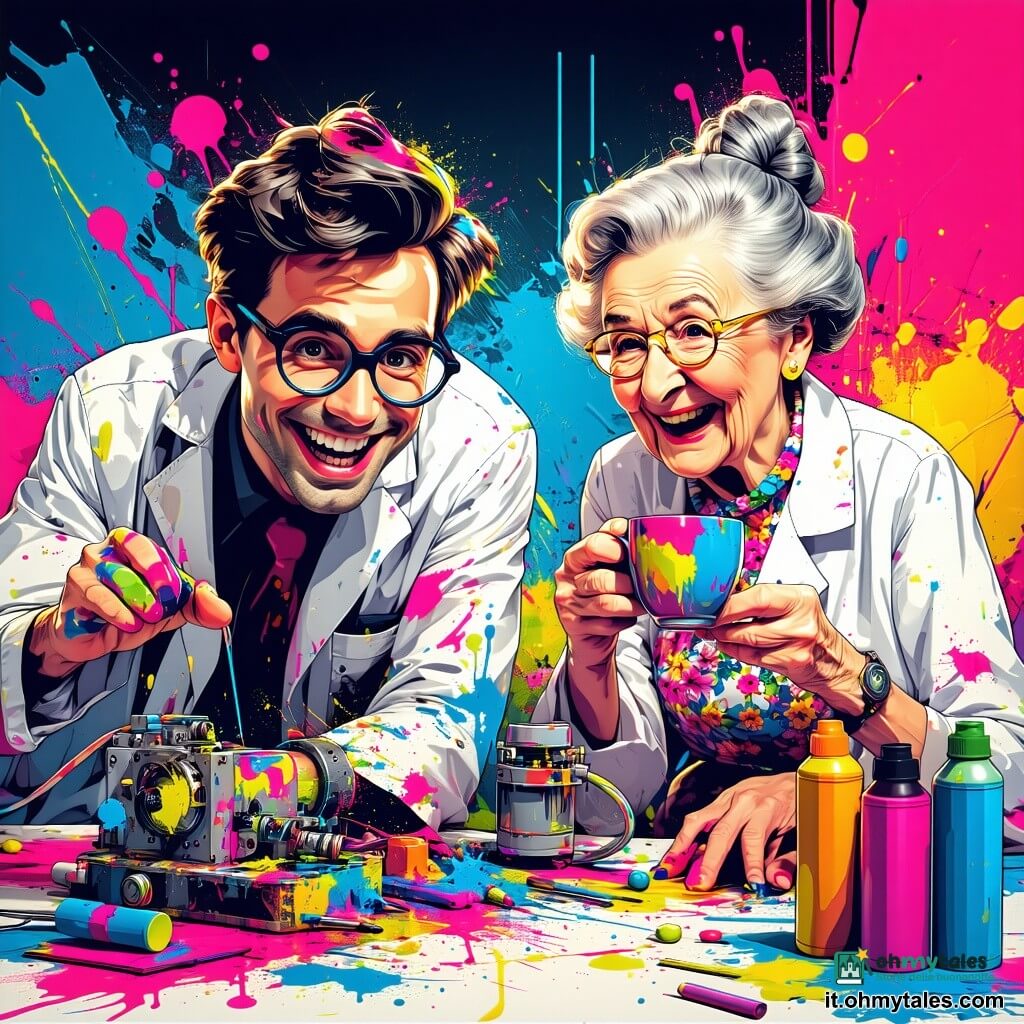 Un uomo, Ernesto, è al centro dell'immagine, con capelli arruffati e occhiali rotondi che scivolano sul naso. Il suo viso è illuminato da un ampio sorriso di eccitazione e i suoi occhi brillano di curiosità. Indossa un camice da laboratorio pieno di macchie di vernice e colla, ed è chinato su una macchina stravagante, circondato da calzini colorati e pezzi di ricambio. Accanto a lui, la signora Matilde, di circa 70 anni, osserva con un sorriso benevolo. Ha capelli grigi raccolti in uno chignon e indossa un abito a fiori, tenendo una tazza di tè fumante tra le mani. Il laboratorio di Ernesto è un luogo caotico e gioioso, pieno di oggetti vari: scaffali carichi di barattoli di viti, attrezzi sparsi su un grande tavolo di legno e disegni di invenzioni appesi alle pareti. La luce del sole filtra attraverso una grande finestra, illuminando la scena con una dolce luce dorata. Ernesto sta testando la sua nuova invenzione, una macchina per accoppiare i calzini, che emette suoni strani e lancia calzini colorati in aria. Etichette con parole di gratitudine fluttuano intorno a lui, aggiungendo un tocco di magia a questa scena di invenzione stravagante.