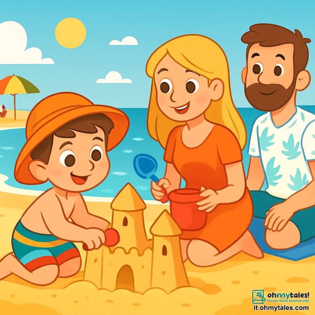 Un ragazzo di 6 anni, di nome Luca, con capelli castani e occhi brillanti di gioia, sta costruendo un grande castello di sabbia sulla spiaggia. Indossa un costume da bagno colorato a righe e un cappello da sole. Accanto a lui, sua mamma, una donna di una trentina d'anni con capelli lunghi e biondi, sorride tenendo un secchiello e una paletta, pronta ad aiutarlo. Un po' più in là, suo papà, un uomo di una trentina d'anni con una leggera barba e una maglietta a fantasia, osserva con orgoglio, seduto su un asciugamano da spiaggia. Il luogo è una bella spiaggia soleggiata, con onde dolci che si infrangono sulla riva, ombrelloni colorati e bambini che giocano in lontananza. La scena principale mostra Luca concentrato e felice, che scava con entusiasmo per creare il più bel castello di sabbia, circondato da risate e dall'odore salato del mare.