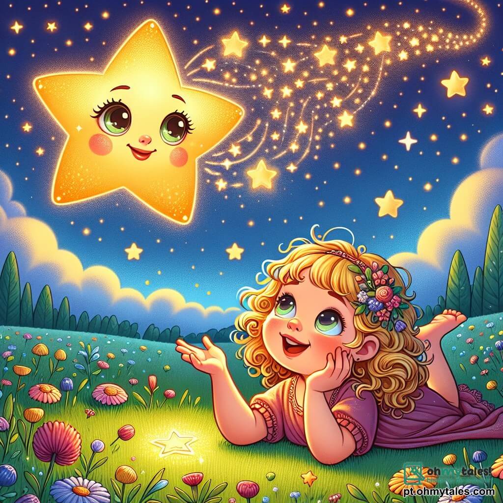 Uma menina de 2 anos, chamada Lila, com cabelos cacheados e dourados, grandes olhos brilhantes de curiosidade, está deitada na grama verde, olhando para o céu estrelado. Ela sorri maravilhada, com os braços abertos como se quisesse tocar as estrelas. Ao seu lado, uma estrela brilhante ganha vida, com um rosto amigável e olhos cintilantes, flutuando acima de Lila e iluminando seu rosto com uma suave luz dourada. O cenário é um campo tranquilo sob um céu noturno repleto de estrelas, com flores coloridas ao redor, criando uma atmosfera mágica e sonhadora. Lila conversa com a estrela, expressando seu sonho de voar, enquanto a estrela responde com bondade, ensinando que dançar e sonhar também são formas de se elevar.