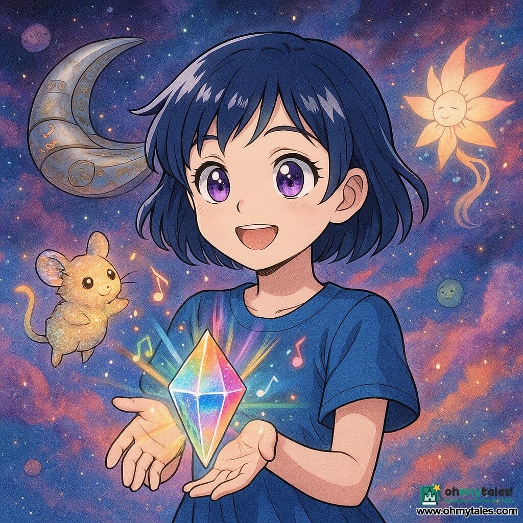 Lyra, a round‑faced girl of about 12 with short midnight blue hair streaked silver and large amethyst eyes, smiles in wonder as she delicately holds the Celestial Prism pulsing rainbow light; Pip, a fist‑sized star‑mouse with sparkling fur, floats by her left shoulder wagging a tiny glowing tail. Behind them the Dreamweaver ship, crescent‑hulled and pearly with golden runes, rests in the nebula; the distant Star‑Flower Queen appears as a floating floral silhouette with luminous petals and comet‑like hair. The nebula heart forms a backdrop of swirling pink, blue and gold clouds, silver filament constellations, small smiling planets and confetti‑like stardust. Lyra stands on a translucent ship platform, reaching toward the prism that emits colorful beams and visible musical notes. Magical, warm manga style with clean lines, bright colors, soft contrasts and highly readable, child‑friendly expressions.