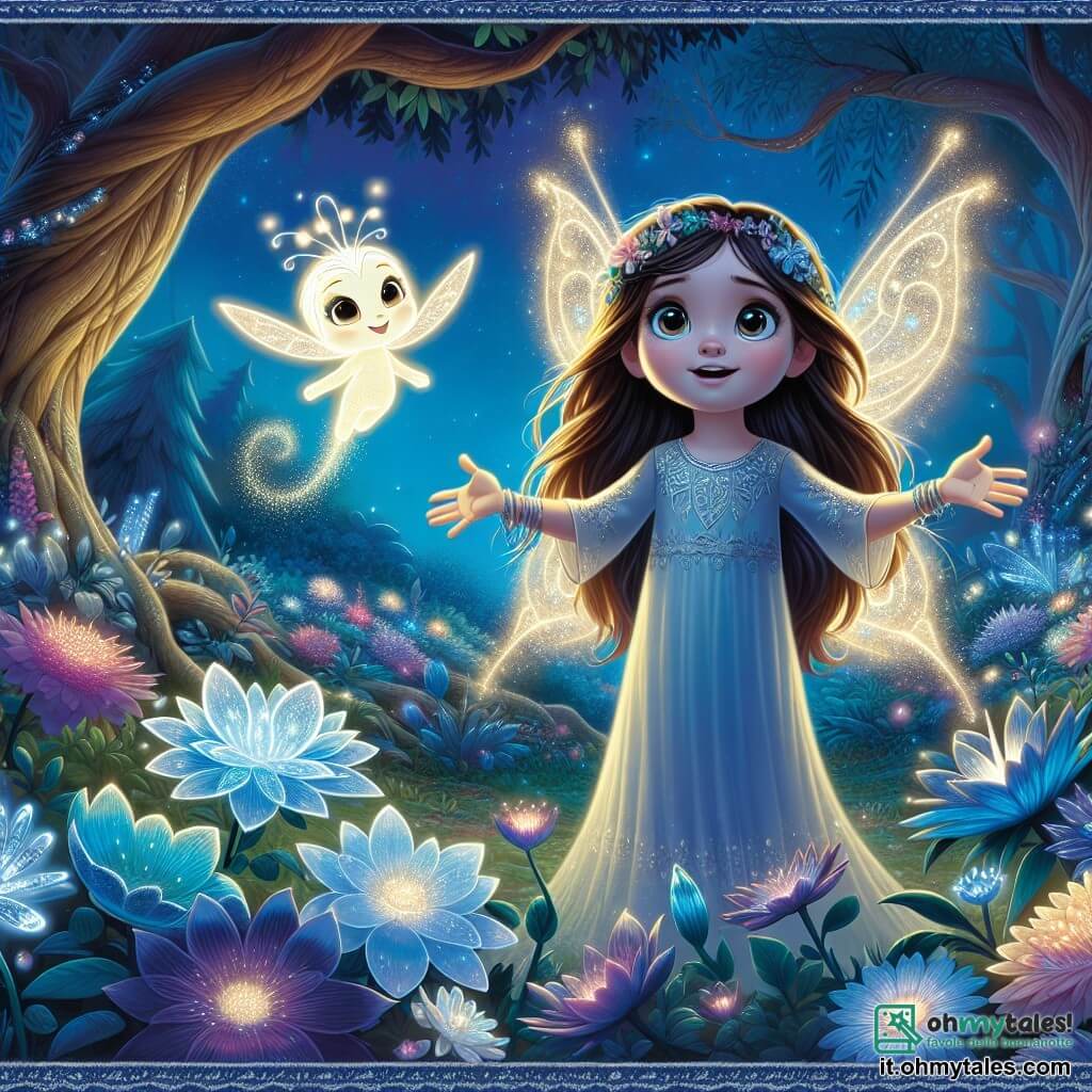 Una bambina di 8 anni, Sofia, con lunghi capelli castani e occhi pieni di curiosità, si trova al centro di un giardino incantato illuminato dalla luna. Ha un sorriso meravigliato sul viso, le braccia aperte come se stesse accogliendo il mondo intorno a lei. Accanto a lei, un piccolo essere luminoso di nome Luce, che assomiglia a una fata con ali scintillanti, vola gioiosamente nell'aria, emettendo una dolce luce dorata. Luce ha un volto amichevole e occhi brillanti, e sembra incoraggiare Sofia a esplorare di più. Il giardino è pieno di fiori colorati che sbocciano solo di notte, con sfumature di blu, viola e argento, mentre le stelle brillano come diamanti nel cielo scuro. Alberi maestosi con foglie luminescenti circondano il giardino, creando un'atmosfera magica e accogliente. La scena principale mostra Sofia, meravigliata e senza paura, che scopre questo mondo fatato con Luce, mentre si preparano a esplorare insieme le meraviglie nascoste del giardino notturno.