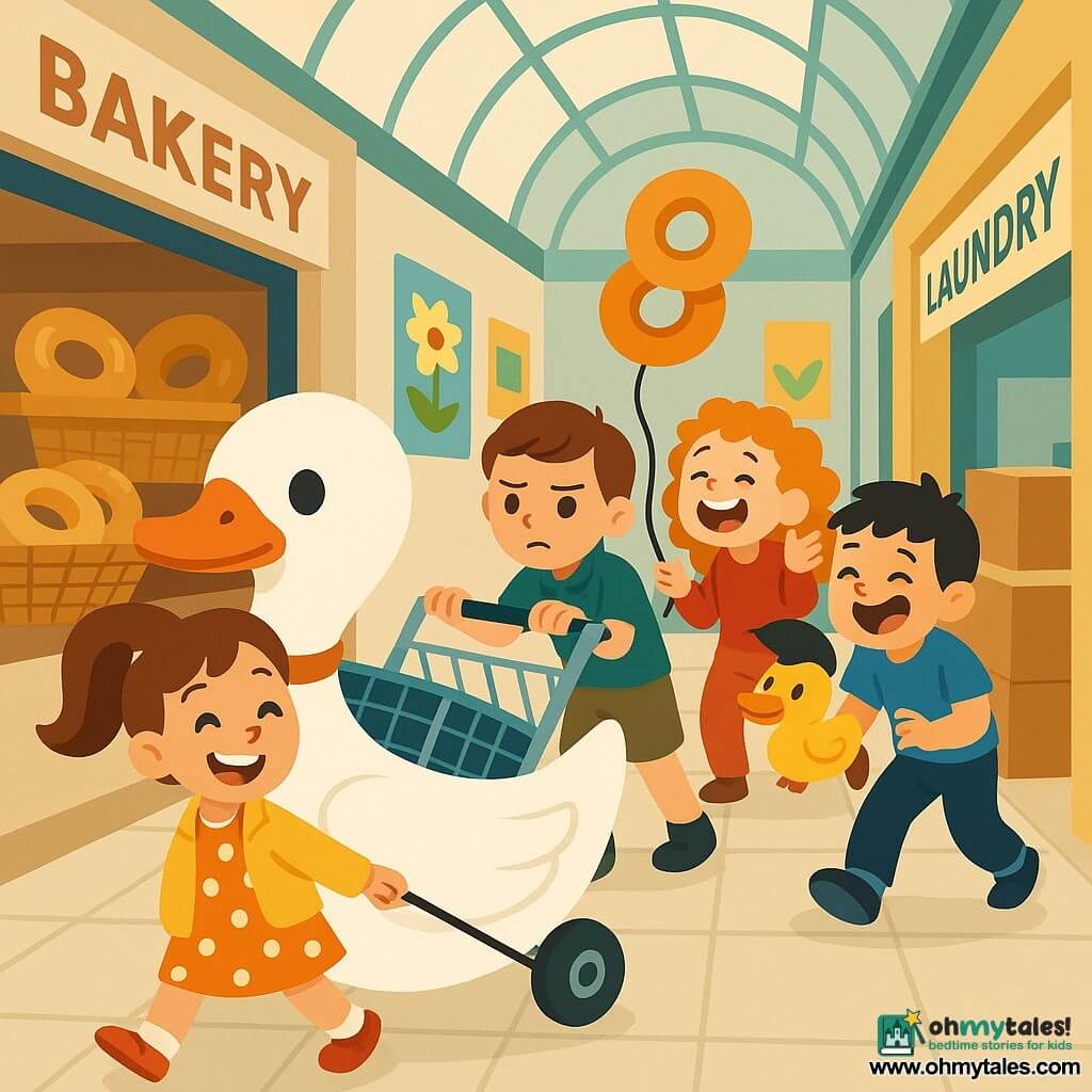 Main character: a joyful, proud 6-year-old girl with brown hair in a ponytail, round smiling eyes, wearing a yellow jacket and polka-dot dress, holding an orange ribbon and gently pulling a large white inflatable duck. Secondary: a serious, cautious 6-year-old boy (Ben) with short chestnut hair and a green shirt, holding the metal cart behind the duck to stop it from rolling; a lively, excited 6-year-old girl (Tara) with curly red hair and a red sweatshirt, laughing while holding a bagel-shaped balloon next to Ben; a mischievous, laughing 6-year-old boy (Jo) with short black hair and a blue shirt, leaning by the cart and holding a small yellow squeaky toy that squeaks like a duck. Setting: a busy covered arcade with a glass roof, light tiles, a bakery window with visible bagel baskets on the left, colorful posters on the walls and a stack of boxes by a laundromat on the right. Main scene: the four children struggling with a tipped metal cart carrying a huge orange-and-white inflatable duck, a bagel balloon floating above, and the squeaky toy stuck making a duck noise—an image full of motion, laughter and bright colors.